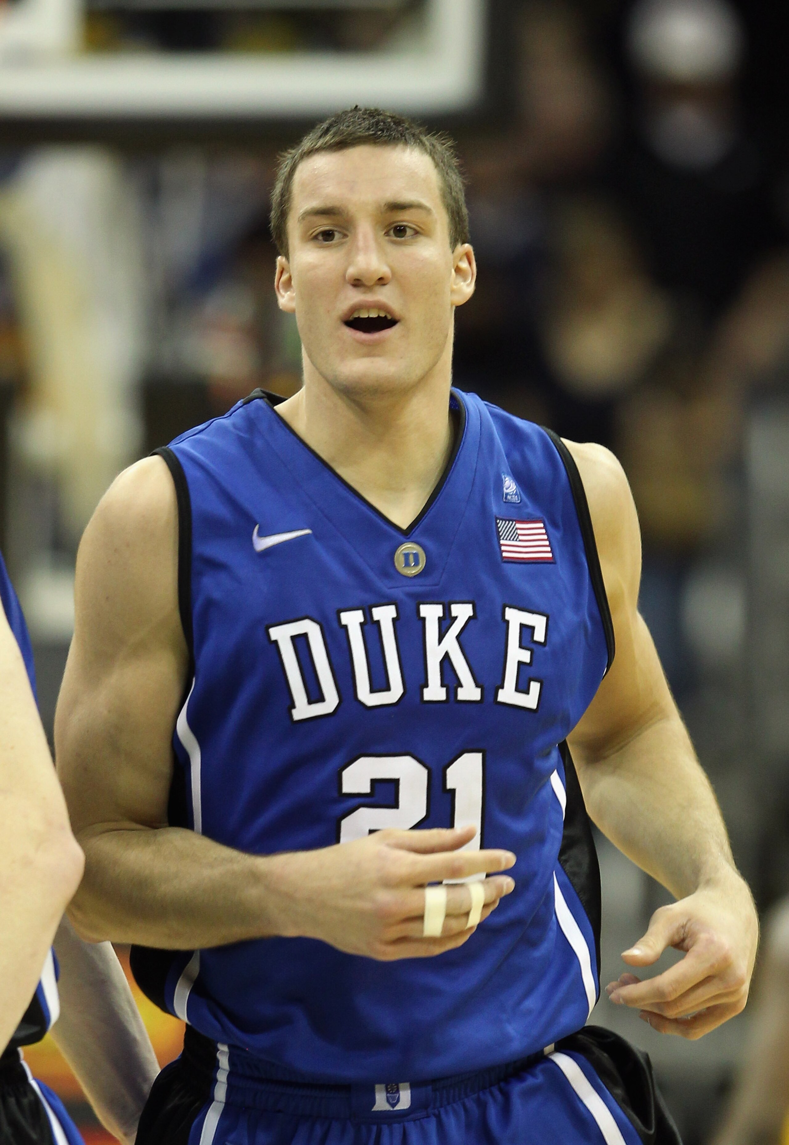 KANSAS CITY, MO - NOVEMBER 22:  Miles Plumlee #21 of the Duke Blue Devils in action during the CBE Classic game against the Kansas State Wildcats on November 23, 2010 at the Sprint Center in Kansas City, Missouri.  (Photo by Jamie Squire/Getty Images)
