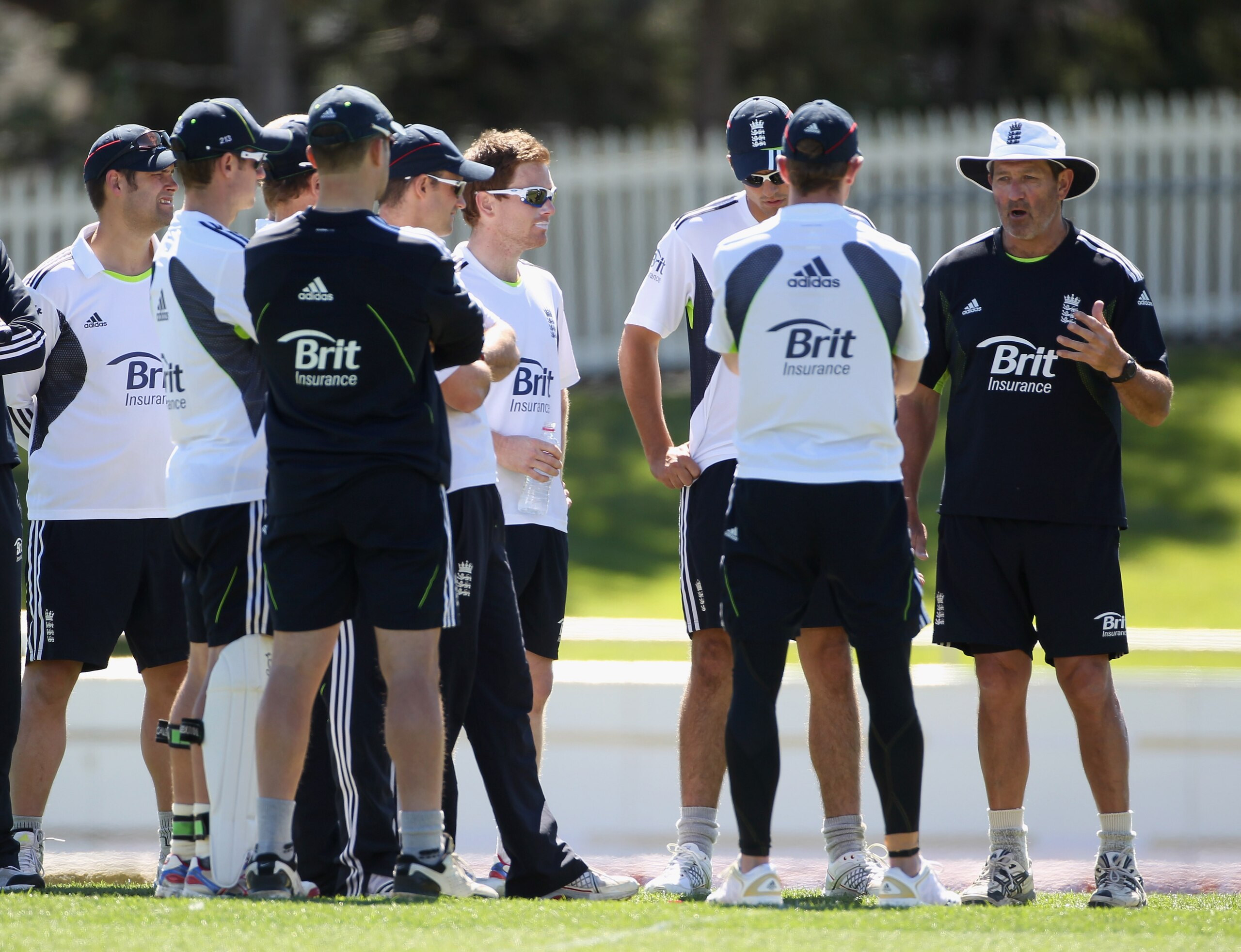 HOBART, AUSTRALIA - NOVEMBER 16:  Graham Gooch the England batting coach talks to the batsmen during an England nets session at Bellerive Oval on November 16, 2010 in Hobart, Australia.  (Photo by Tom Shaw/Getty Images)