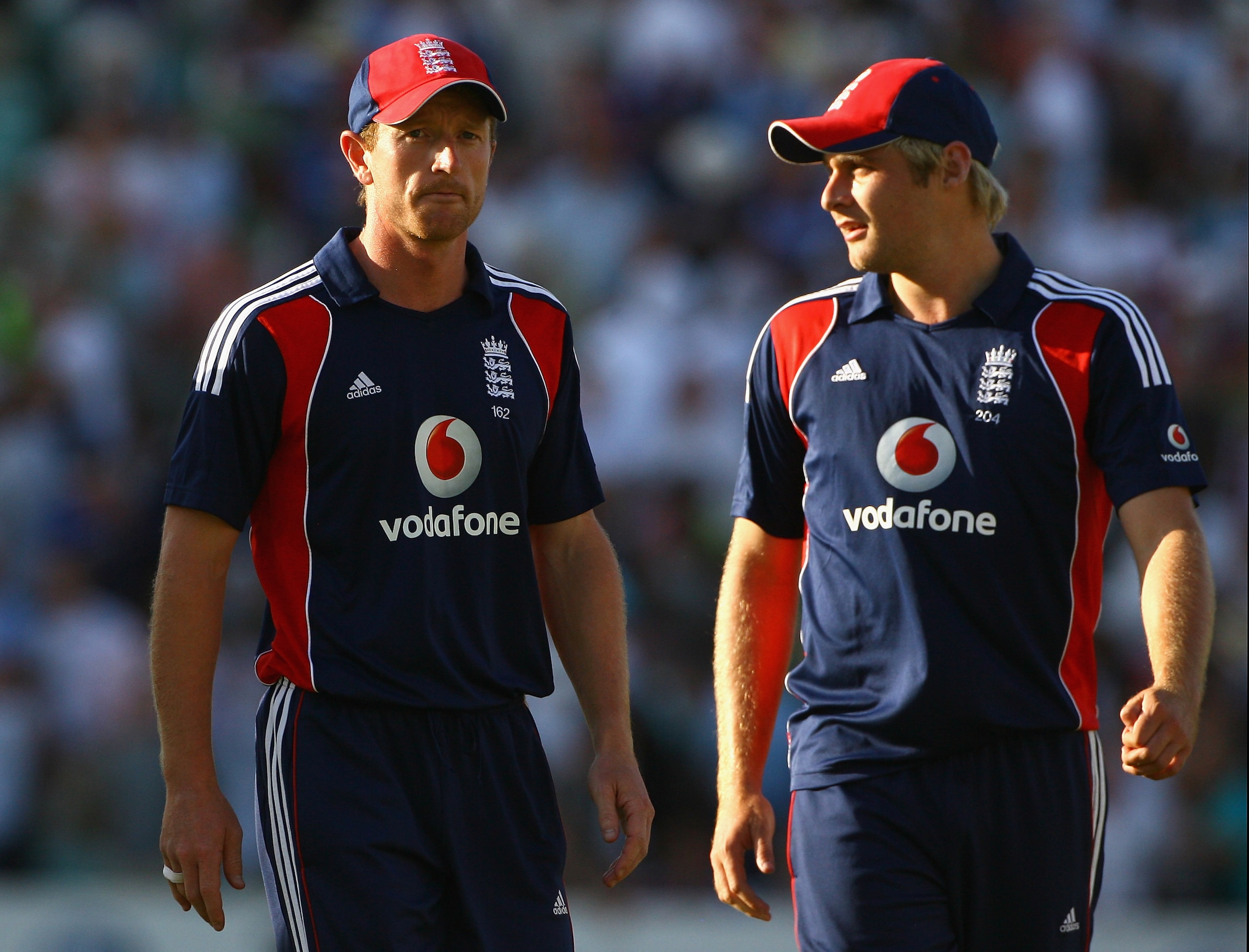 LONDON - JUNE 25:  Paul Collingwood (L) and Luke Wright of England leave the field at the end of the Fourth NatWest Series One Day International match between England and New Zealand at the Oval on June 25, 2008 in London, England.  (Photo by Tom Shaw/Get
