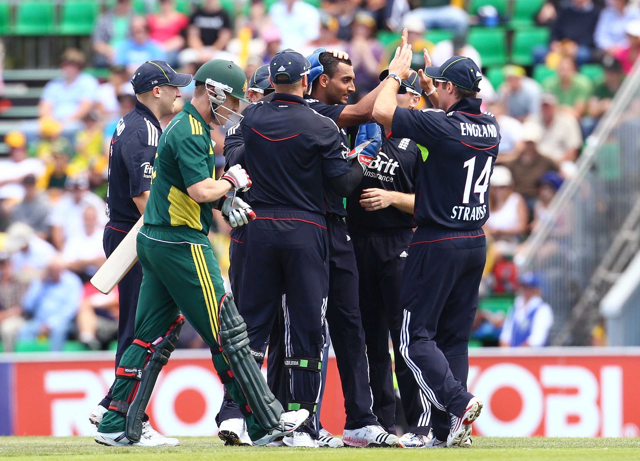 HOBART, AUSTRALIA - JANUARY 21: Ajmal Shahzad of England celebrates with team mates after bowling Brad Haddin of Australia during game two of the Commonwealth Bank One Day International Series between Australia and England at Bellerive Oval on January 21,