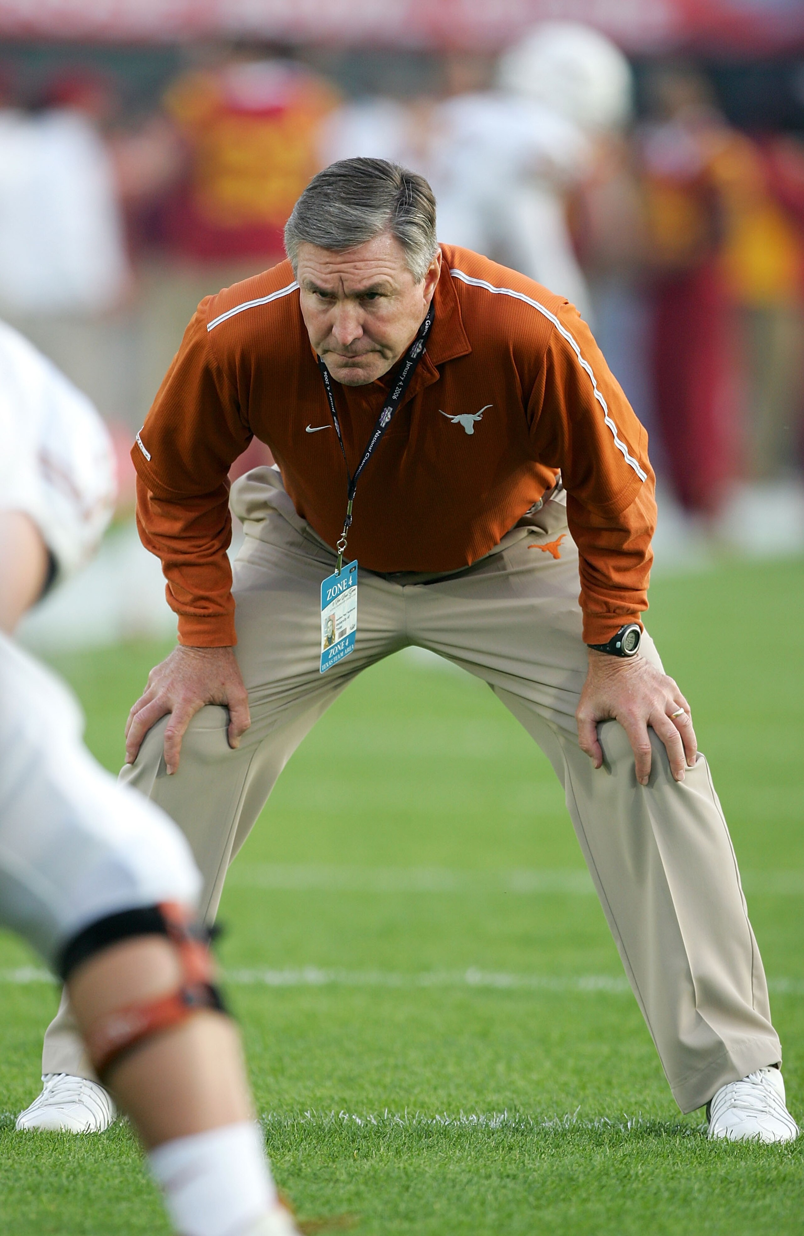 PASADENA, CA - JANUARY 04:  Offensive line coach Mac McWhorter of the Texas Longhorns is shown on the field during warmups before the start of the BCS National Championship Rose Bowl Game against the USC Trojans at the Rose Bowl on January 4, 2006 in Pasa