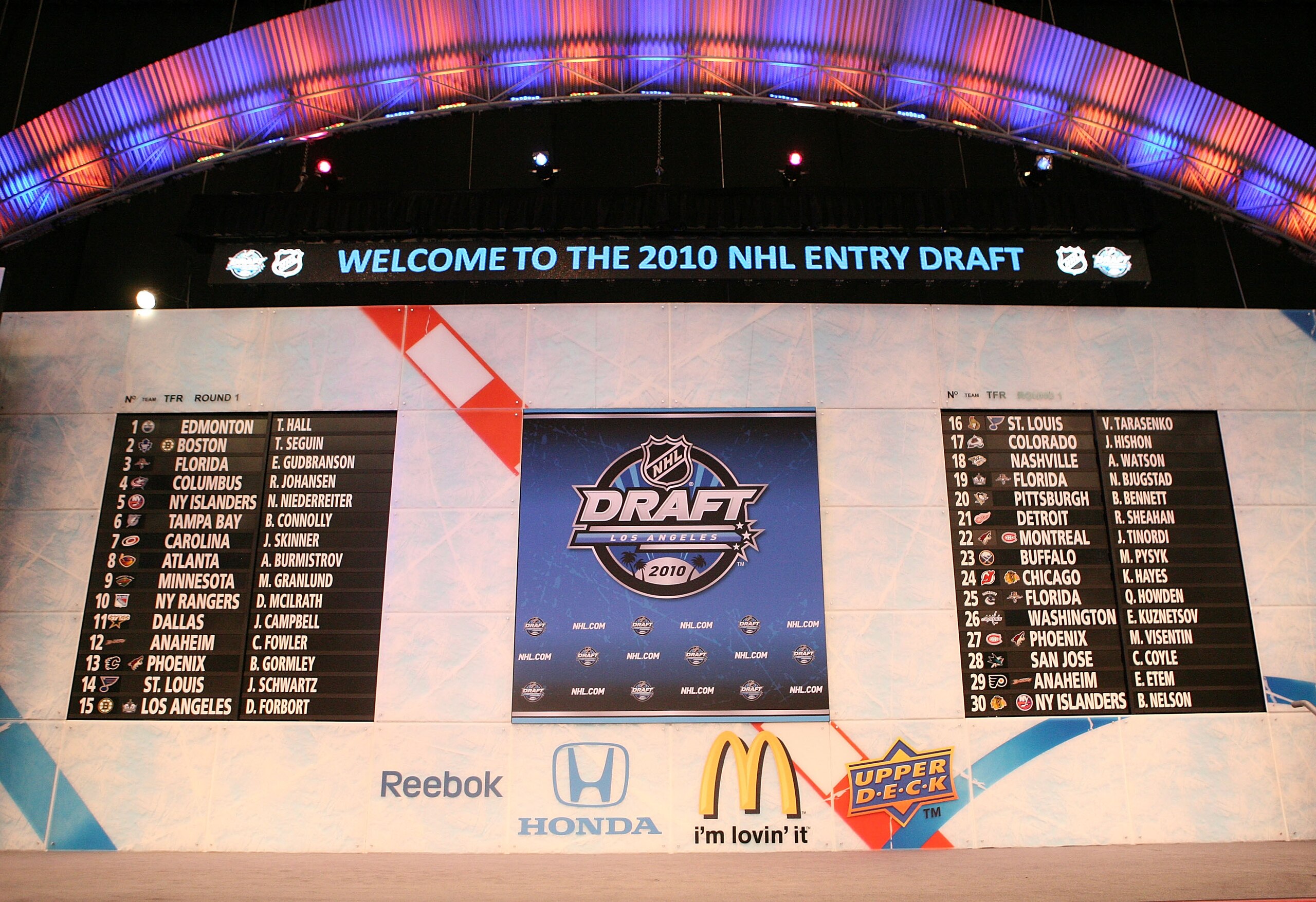 LOS ANGELES, CA - JUNE 25: The draft board following the first round during the 2010 NHL Entry Draft at Staples Center on June 25, 2010 in Los Angeles, California. (Photo by Bruce Bennett/Getty Images)