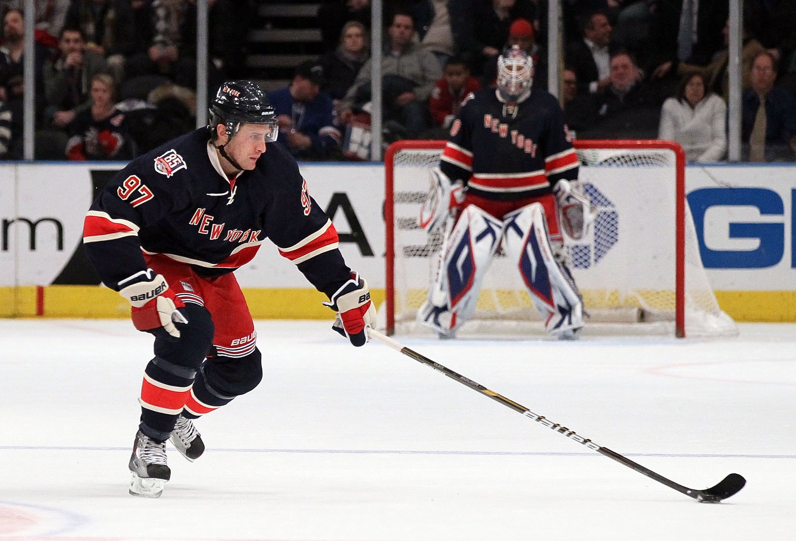 NEW YORK, NY - JANUARY 11:  Matt Gilroy #97 of the New York Rangers skates against the Montreal Canadiens on January 11, 2011 at Madison Square Garden in New York City. Montreal defeated the Rangers 2-1.  (Photo by Jim McIsaac/Getty Images)