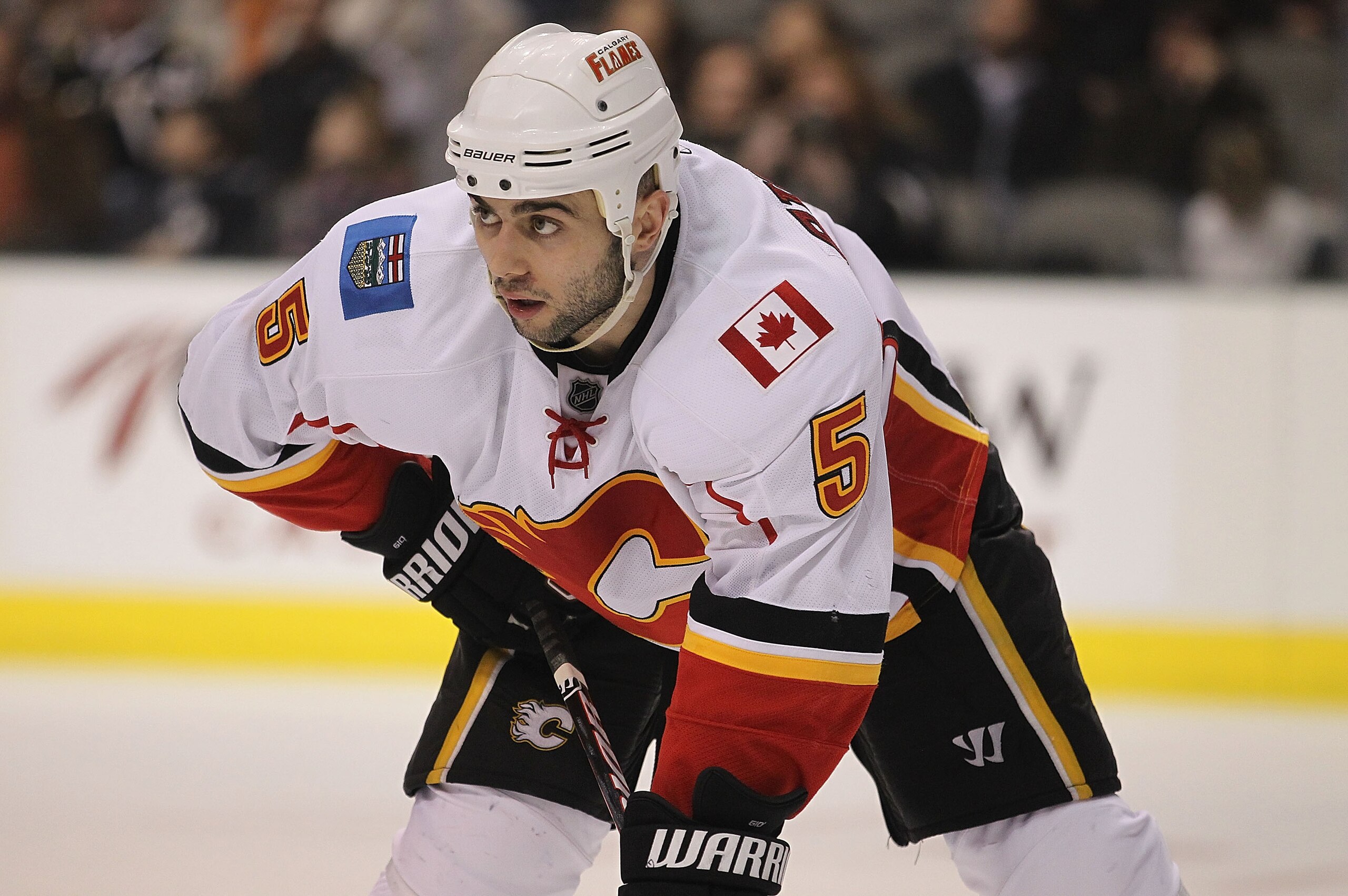 DALLAS, TX - DECEMBER 23:  Defenseman Mark Giordano #5 of the Calgary Flames at American Airlines Center on December 23, 2010 in Dallas, Texas.  (Photo by Ronald Martinez/Getty Images)