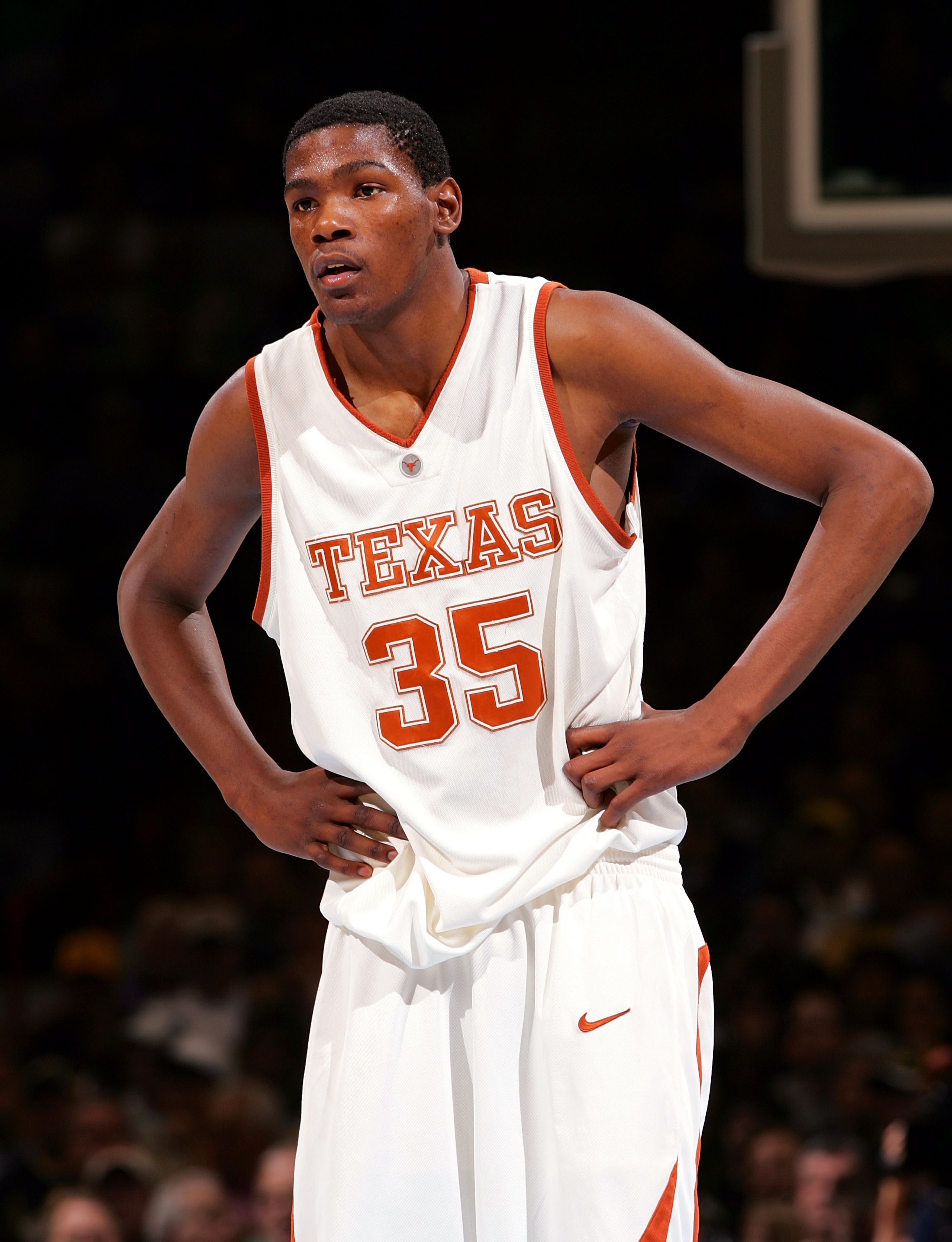 SPOKANE, WA - MARCH 16:  Kevin Durant #35 of the Texas Longhorns looks on during a break in game action against the New Mexico State Aggies during the first round of the NCAA Men's Basketball Tournament at Spokane Memorial Arena on March 16, 2007 in Spoka