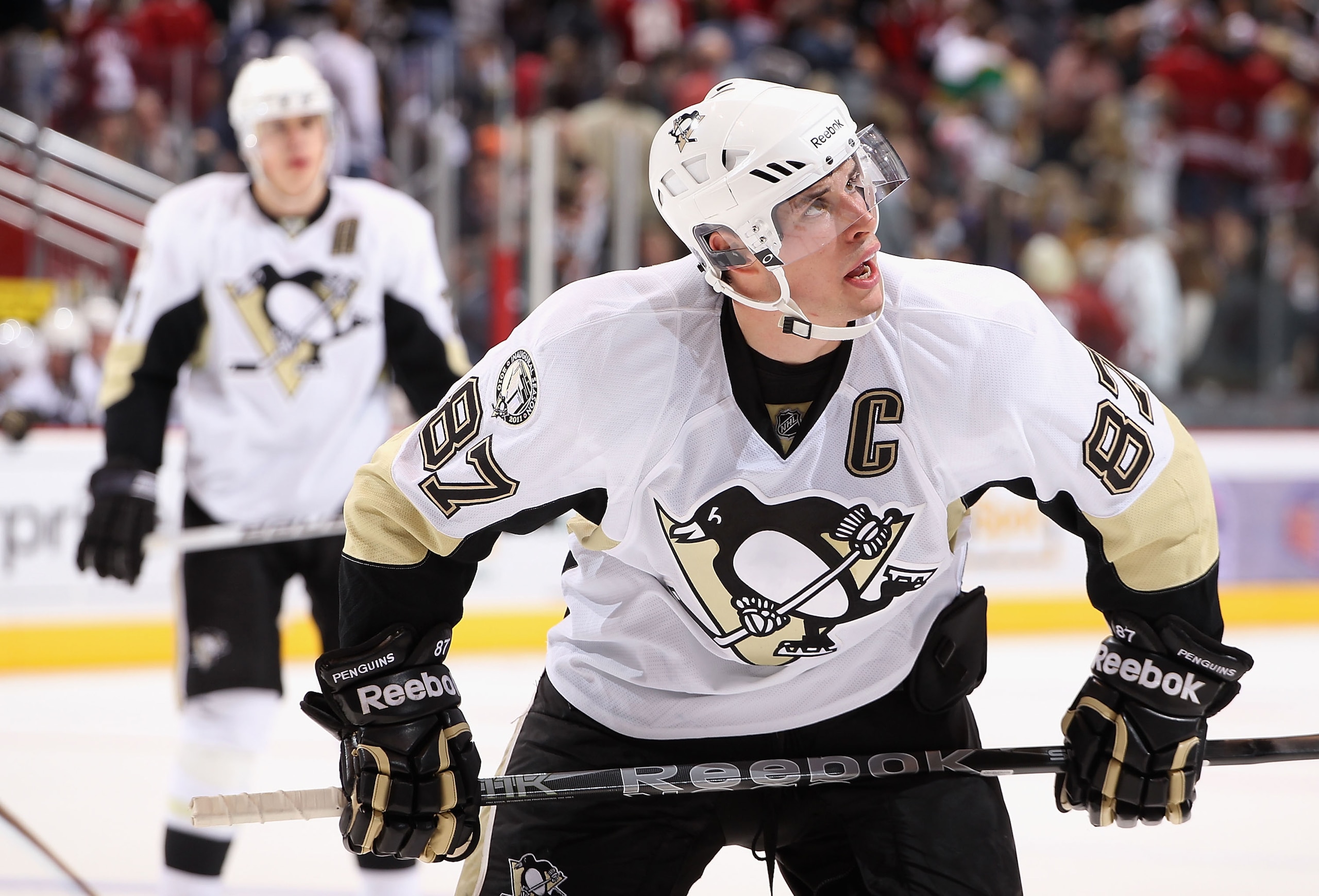 GLENDALE, AZ - NOVEMBER 06:  Sidney Crosby #87 of the Pittsburgh Penguins skates up to a face off during the NHL game against the Phoenix Coyotes at Jobing.com Arena on November 6, 2010 in Glendale, Arizona.  The Penguins defeated the Coyotes 4-3 in an ov