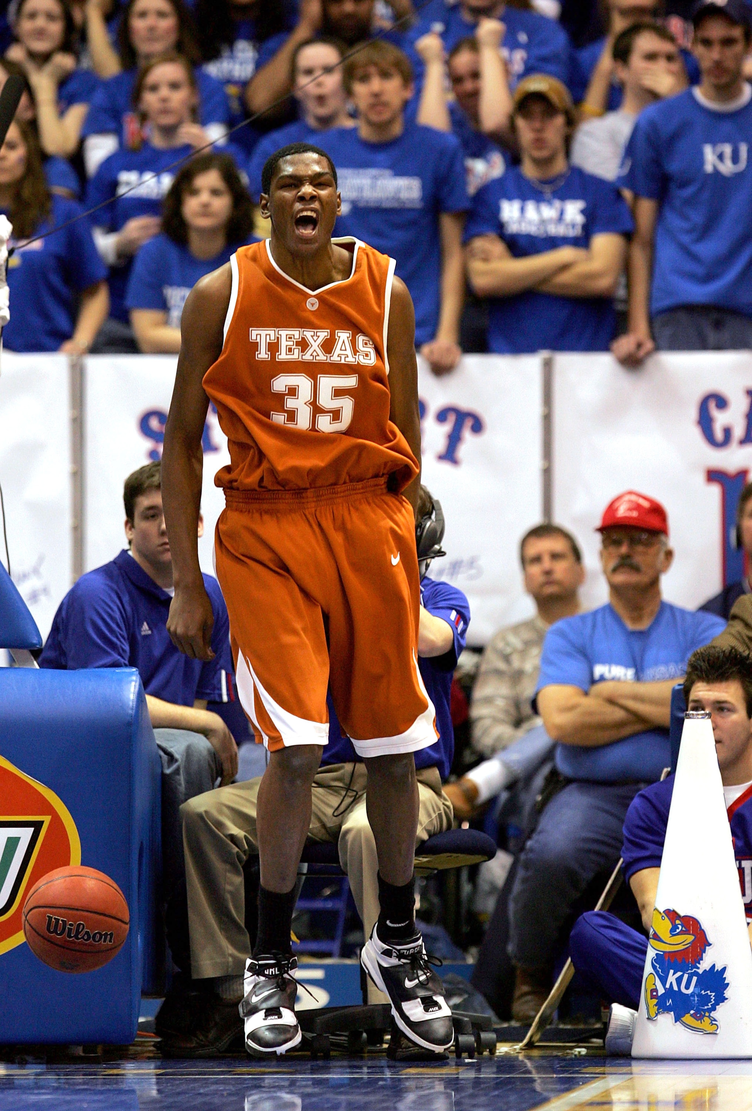 LAWRENCE, KS - MARCH 03:  Kevin Durant #35 of the Texas Longhorns celebrates after scoring in the first half of the game against the Kansas Jayhawks on March 3, 2007 at Allen Fieldhouse in Lawrence, Kansas. The Jayhawks defeated the Longhorns 90-86.  (Pho