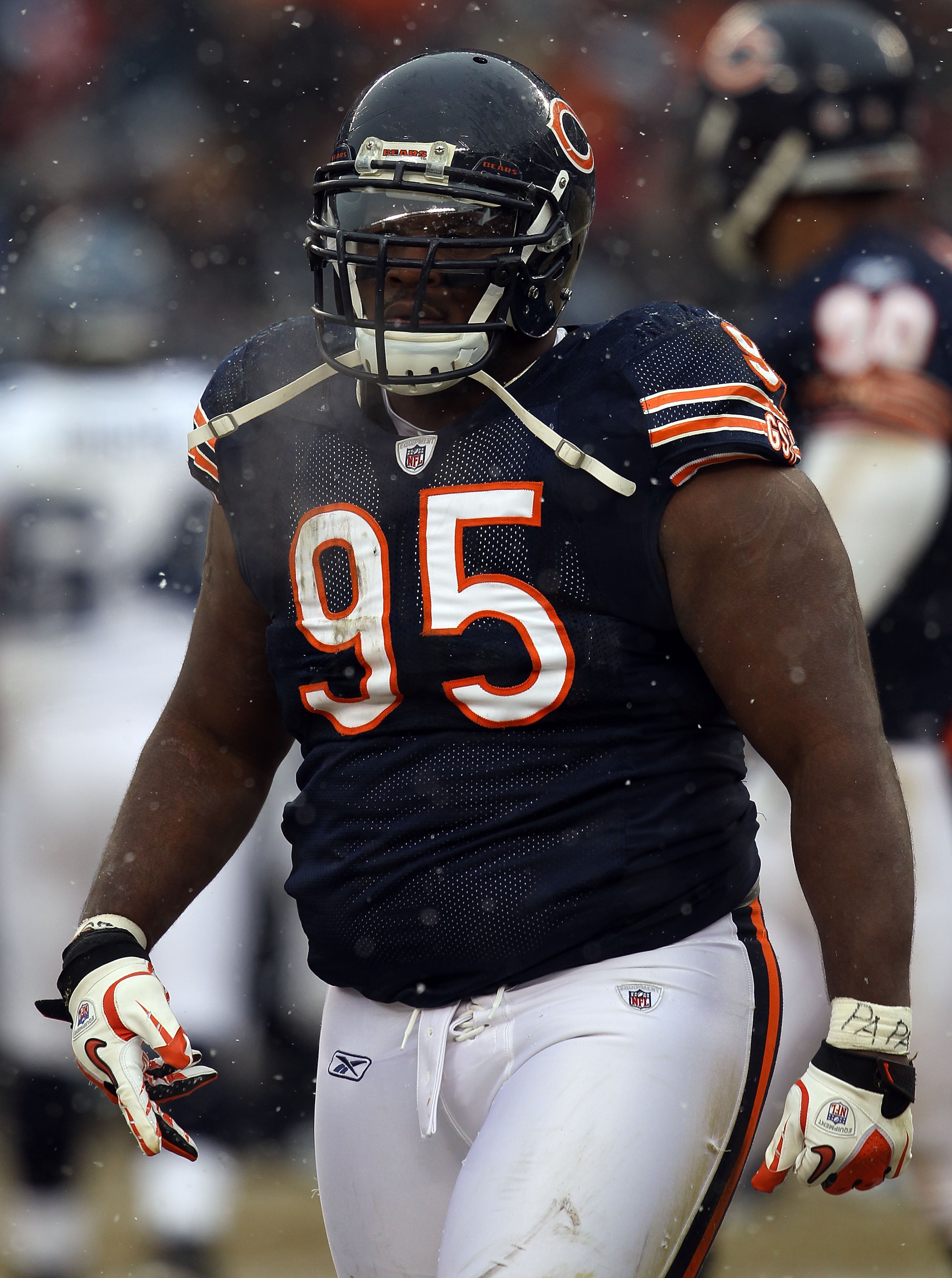 CHICAGO, IL - JANUARY 16:  Anthony Adams #95 of the Chicago Bears looks on against the Seattle Seahawks in the 2011 NFC divisional playoff game at Soldier Field on January 16, 2011 in Chicago, Illinois.  (Photo by Jonathan Daniel/Getty Images)