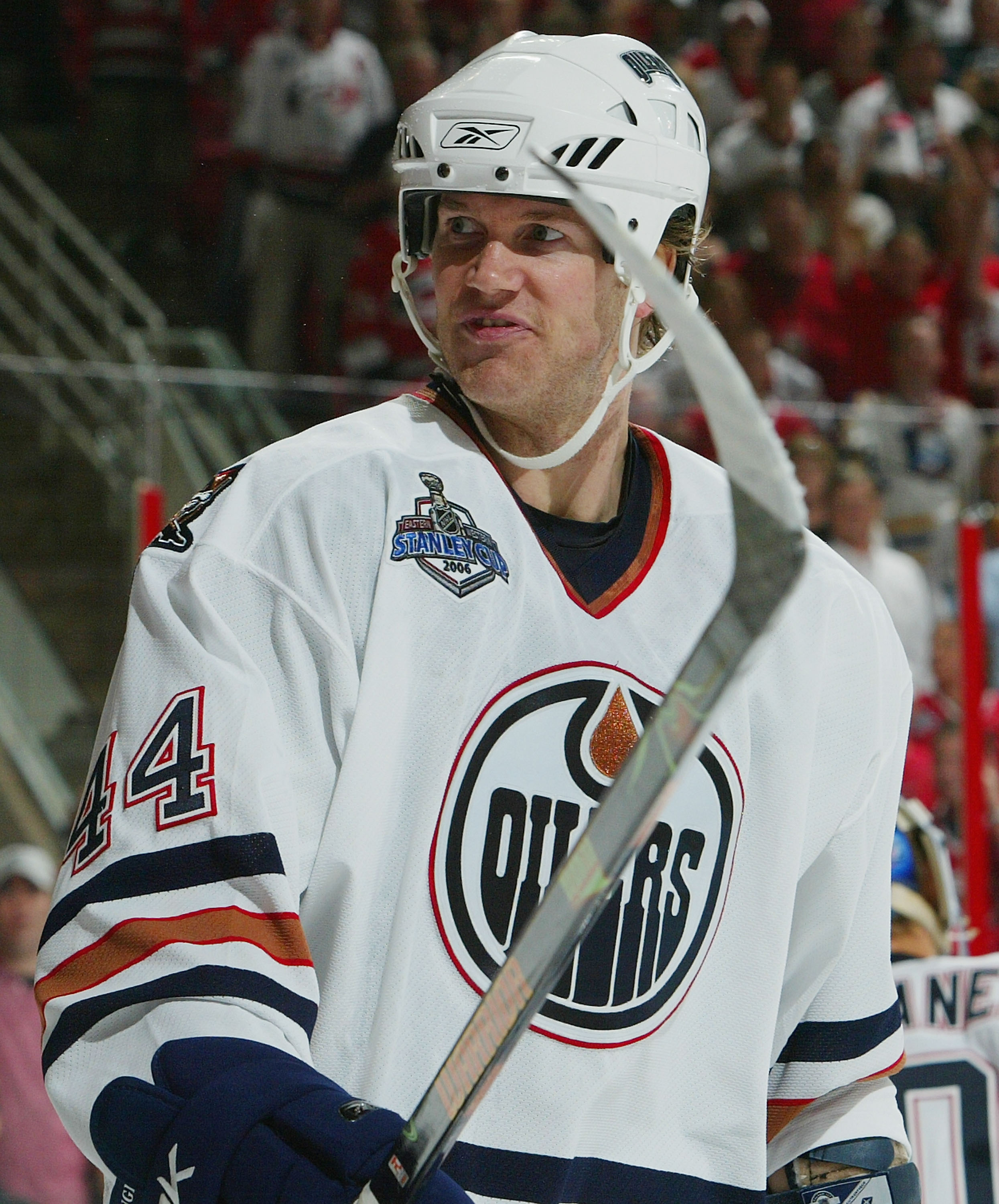 RALEIGH, NC - JUNE 19: Chris Pronger #44 of the Edmonton Oilers loks on against the Carolina Hurricanes during game seven of the 2006 NHL Stanley Cup Finals on June 19, 2006 at the RBC Center in Raleigh, North Carolina.The Hurricanes defeated the Oilers 3