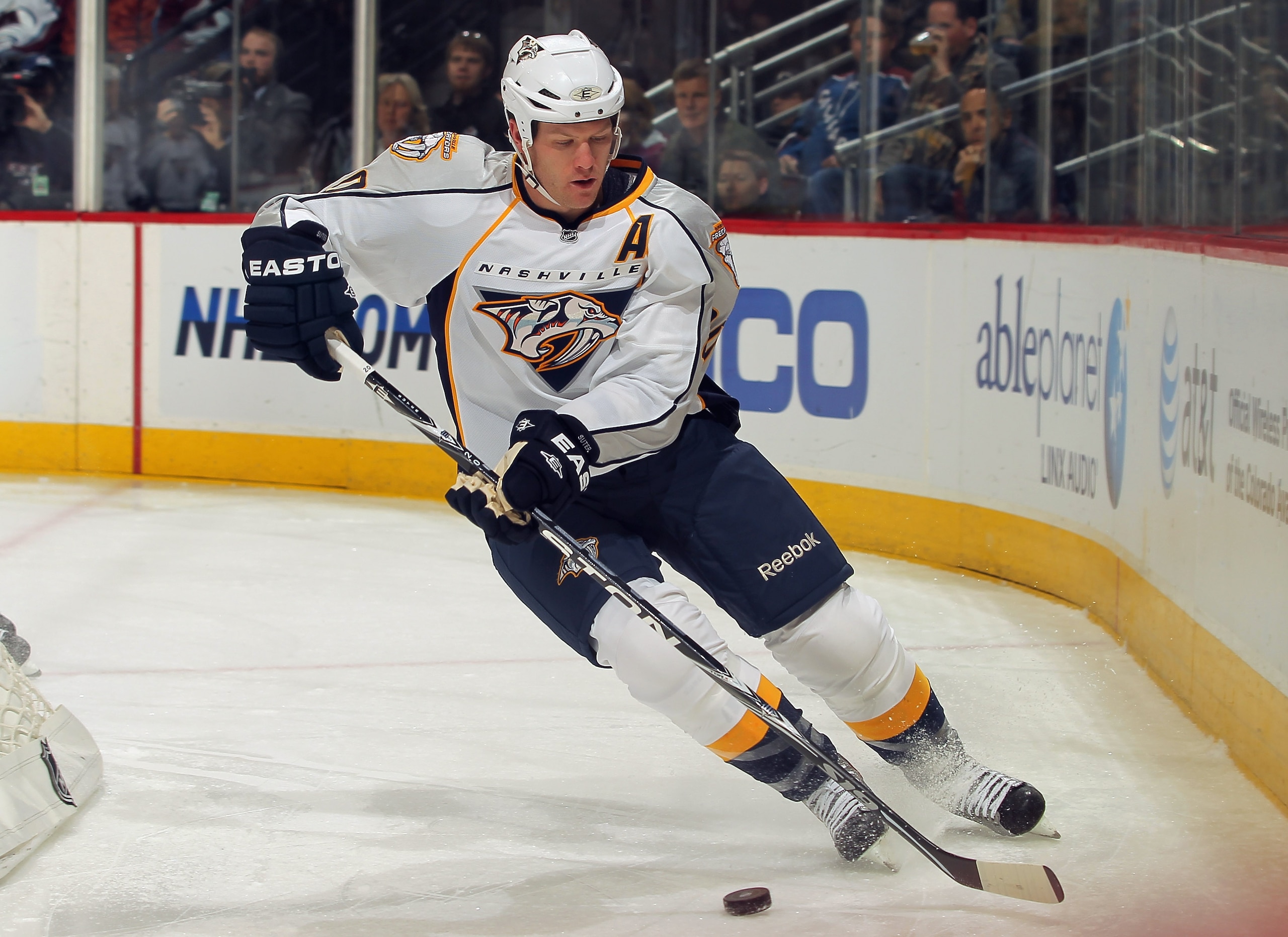 DENVER, CO - JANUARY 20: Ryan Suter #20 of the Nashville Predators controls the puck against the Colorado Avalanche at the Pepsi Center on January 20, 2011 in Denver, Colorado. The Predators defeated the Avalanche 5-1. (Photo by Doug Pensinger/Getty Ima DENVER, CO - JANUARY 20: Ryan Suter #20 of the Nashville Predators controls the puck against the Colorado Avalanche at the Pepsi Center on January 20, 2011 in Denver, Colorado. The Predators defeated the Avalanche 5-1. (Photo by Doug Pensinger/Getty Ima