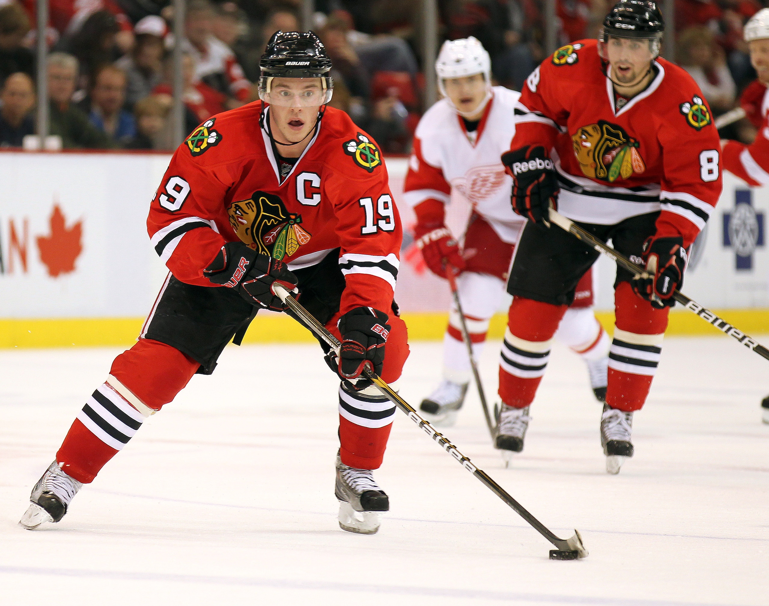 DETROIT, MI - JANUARY 22: Jonathan Toews #19 of the Chicago Black Hawks gets set to take a shot in a game against the Detroit Red Wings on January 22, 2011 at the Joe Louis Arena in Detroit, Michigan. The Hawks defeated the Wings 4-1. (Photo by Claus And DETROIT, MI - JANUARY 22: Jonathan Toews #19 of the Chicago Black Hawks gets set to take a shot in a game against the Detroit Red Wings on January 22, 2011 at the Joe Louis Arena in Detroit, Michigan. The Hawks defeated the Wings 4-1. (Photo by Claus And