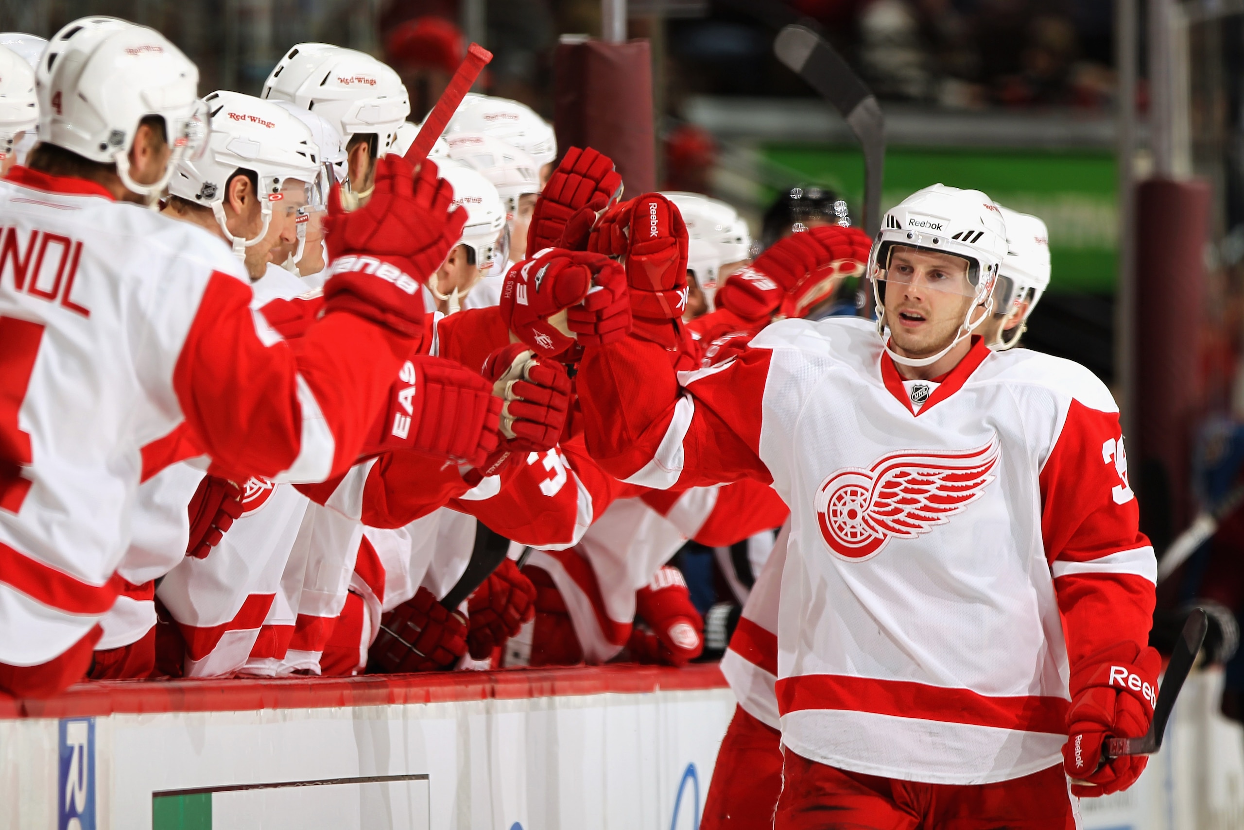 DENVER, CO - JANUARY 10:  Jan Mursak #39 of the Detroit Red Wings celebrates his first period goal against the Colorado Avalanche at the Pepsi Center on January 10, 2011 in Denver, Colorado.  (Photo by Doug Pensinger/Getty Images)
