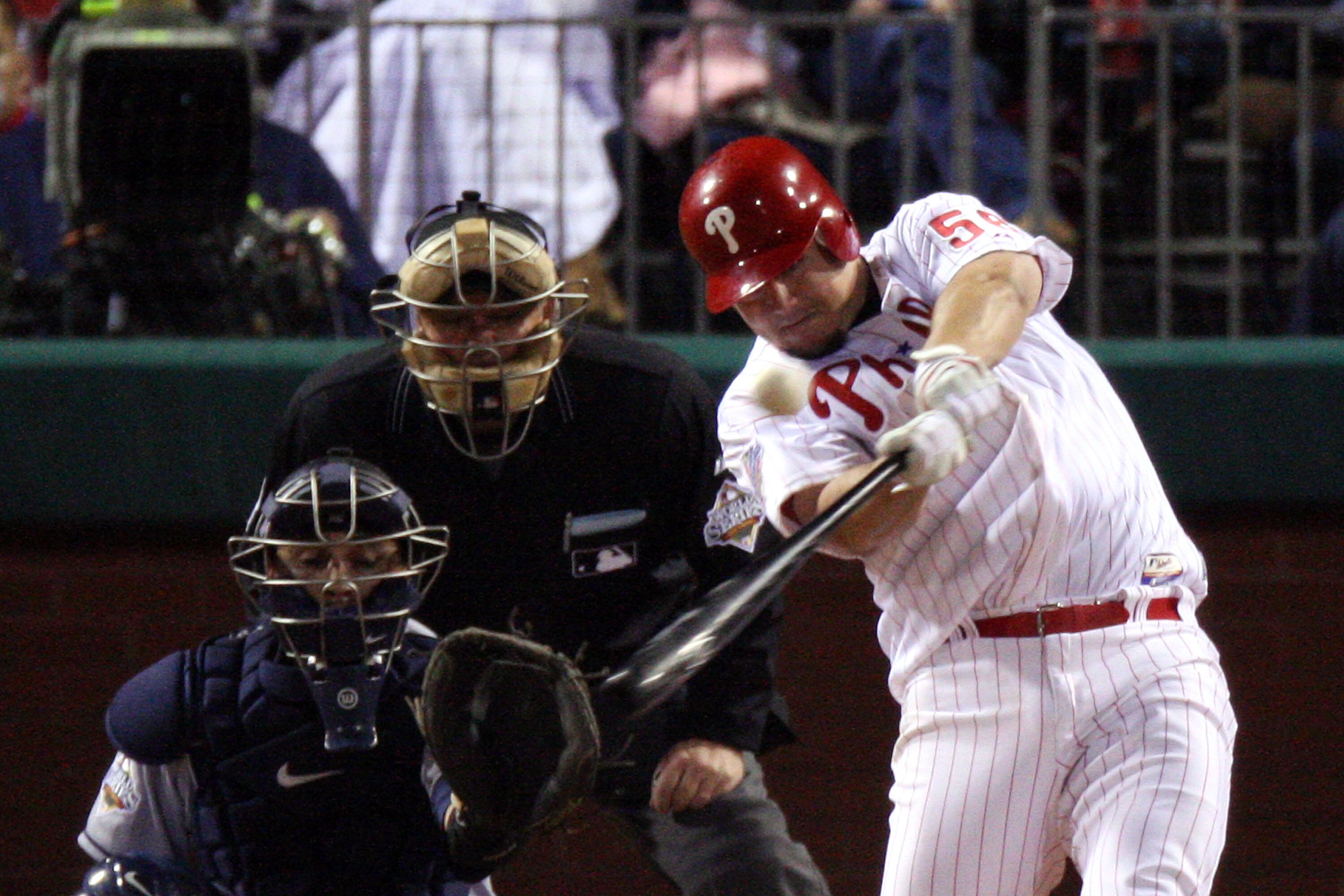 PHILADELPHIA - OCTOBER 26:  Joe Blanton #56 of the Philadelphia Phillies hits a solo home run against the Tampa Bay Rays during game four of the 2008 MLB World Series on October 26, 2008 at Citizens Bank Park in Philadelphia, Pennsylvania.  (Photo by Jim