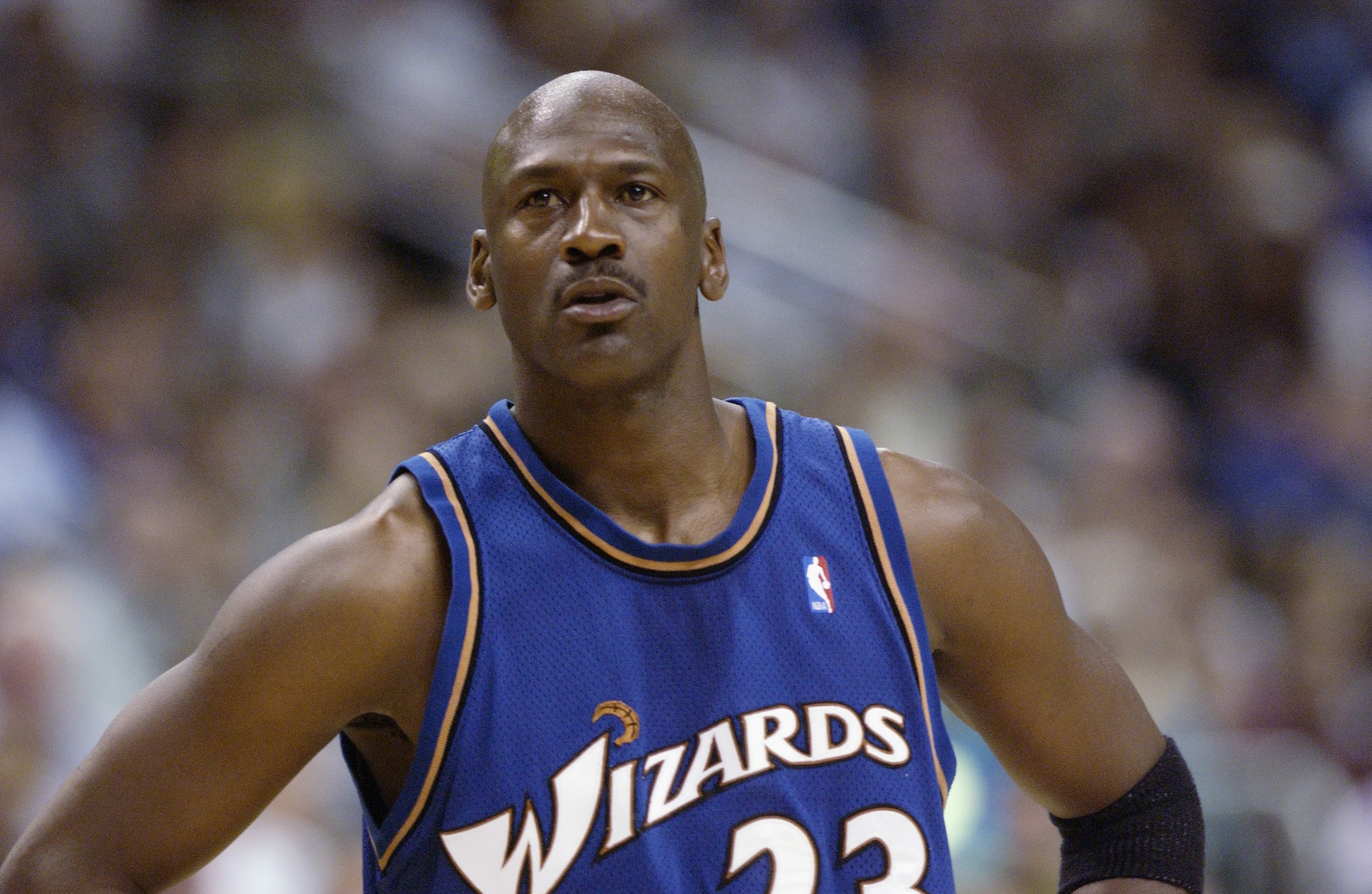 PHILADELPHIA - APRIL 16: Michael Jordan #23 of the Washington Wizards on the court during the final NBA game of his career, played against the Philadelphia 76ers at First Union Center on March 30, 2003 in Philadelphia, Pennsylvania. The Sixers won 107-8 PHILADELPHIA - APRIL 16: Michael Jordan #23 of the Washington Wizards on the court during the final NBA game of his career, played against the Philadelphia 76ers at First Union Center on March 30, 2003 in Philadelphia, Pennsylvania. The Sixers won 107-8