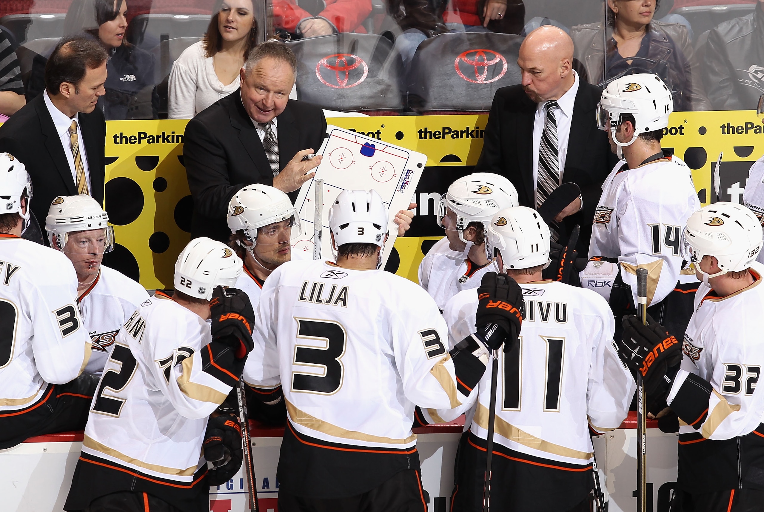 GLENDALE, AZ - JANUARY 15: Head coach Randy Carlyle of the Anaheim Ducks talks with his team during a time out from the NHL game against the Phoenix Coyotes at Jobing.com Arena on January 15, 2011 in Glendale, Arizona. (Photo by Christian Petersen/Getty GLENDALE, AZ - JANUARY 15: Head coach Randy Carlyle of the Anaheim Ducks talks with his team during a time out from the NHL game against the Phoenix Coyotes at Jobing.com Arena on January 15, 2011 in Glendale, Arizona. (Photo by Christian Petersen/Getty