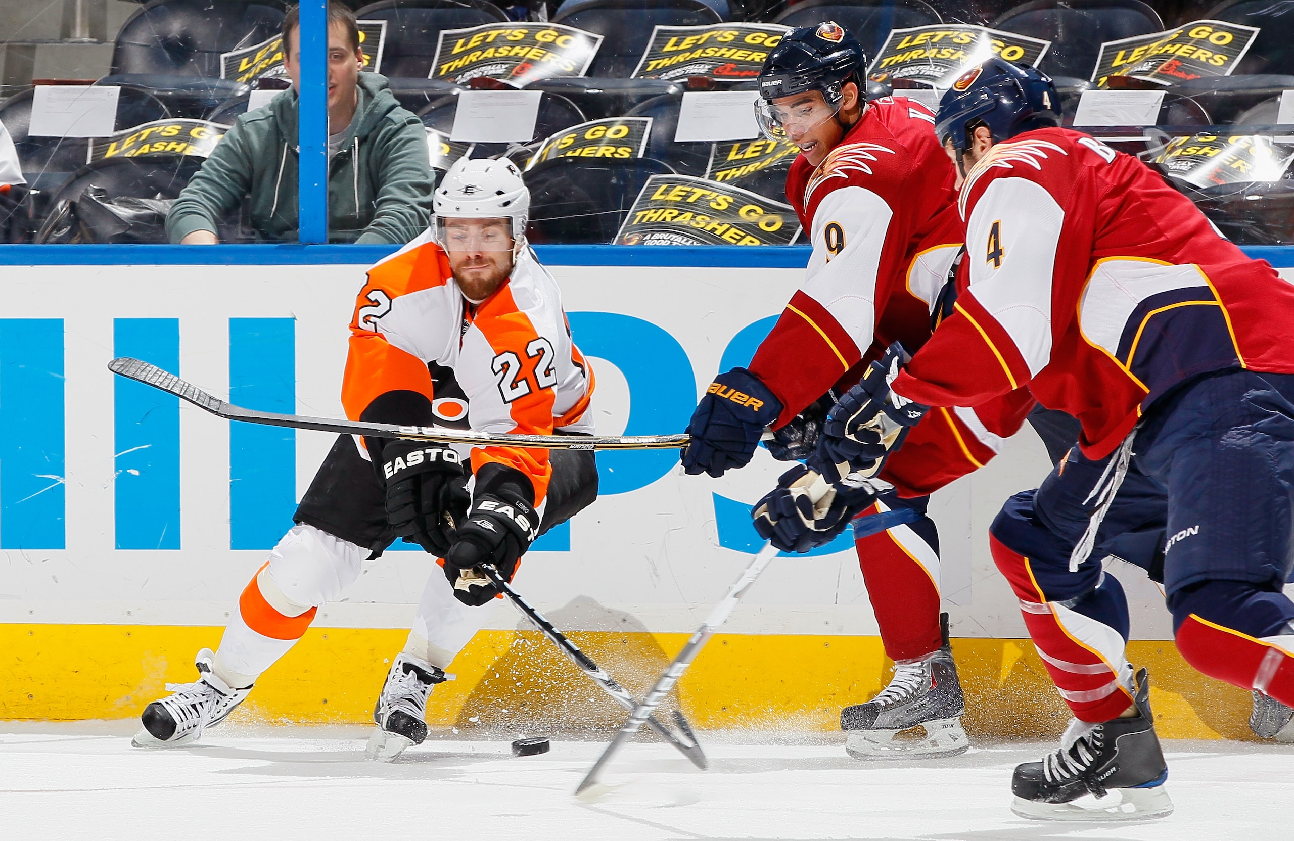 ATLANTA, GA - JANUARY 14: Ville Leino #22 of the Philadelphia Flyers battles for the puck against Evander Kane #9 and Zach Bogosian #4 of the Atlanta Thrashers at Philips Arena on January 14, 2011 in Atlanta, Georgia. (Photo by Kevin C. Cox/Getty Images ATLANTA, GA - JANUARY 14: Ville Leino #22 of the Philadelphia Flyers battles for the puck against Evander Kane #9 and Zach Bogosian #4 of the Atlanta Thrashers at Philips Arena on January 14, 2011 in Atlanta, Georgia. (Photo by Kevin C. Cox/Getty Images