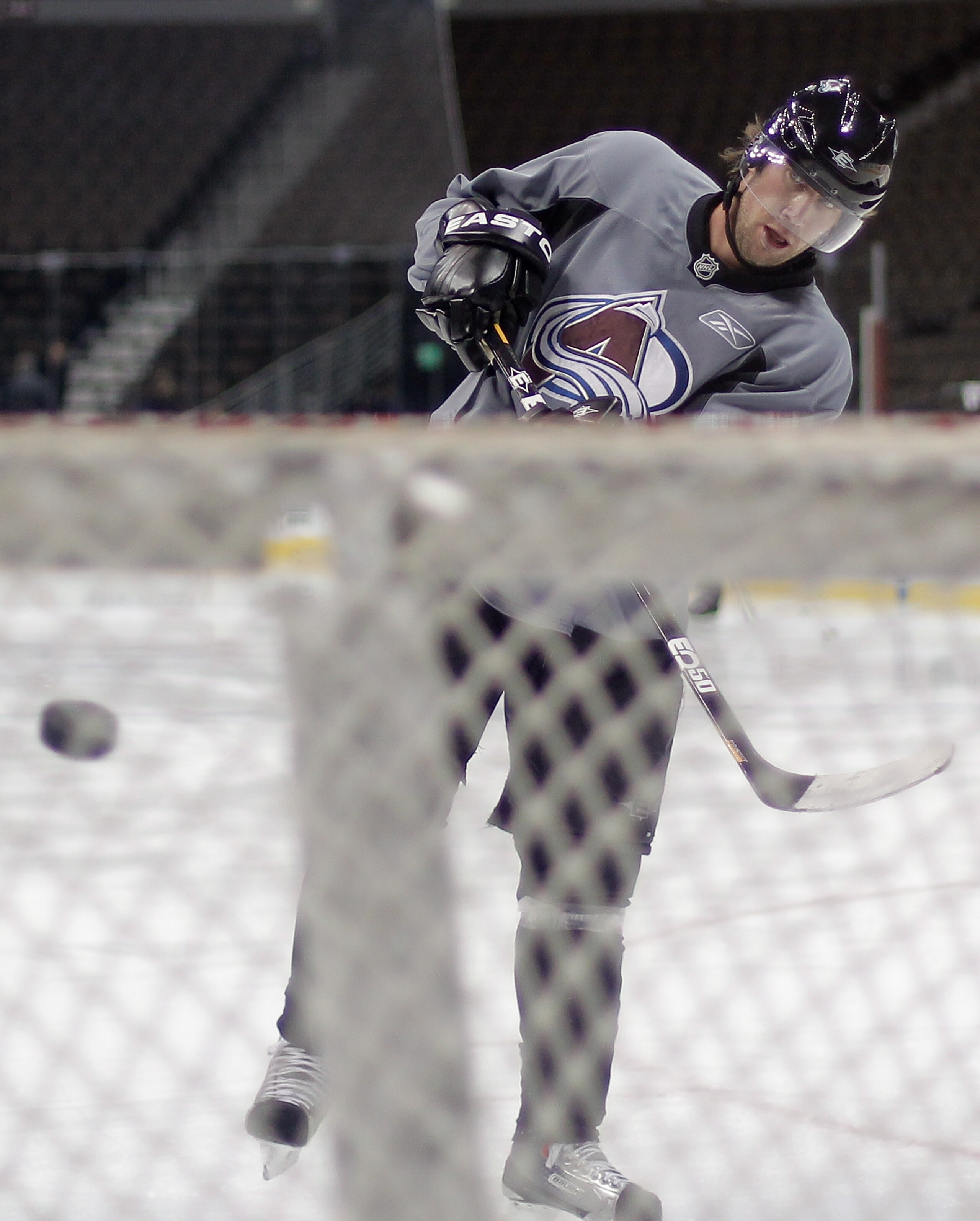 DENVER, CO - JANUARY 22: Peter Forsberg takes a shot on goal during a practice session with the Colorado Avalanche at the Pepsi Center on January 22, 2011 in Denver, Colorado. The star center is mulling a comeback with the team and is practicing to see i DENVER, CO - JANUARY 22: Peter Forsberg takes a shot on goal during a practice session with the Colorado Avalanche at the Pepsi Center on January 22, 2011 in Denver, Colorado. The star center is mulling a comeback with the team and is practicing to see i