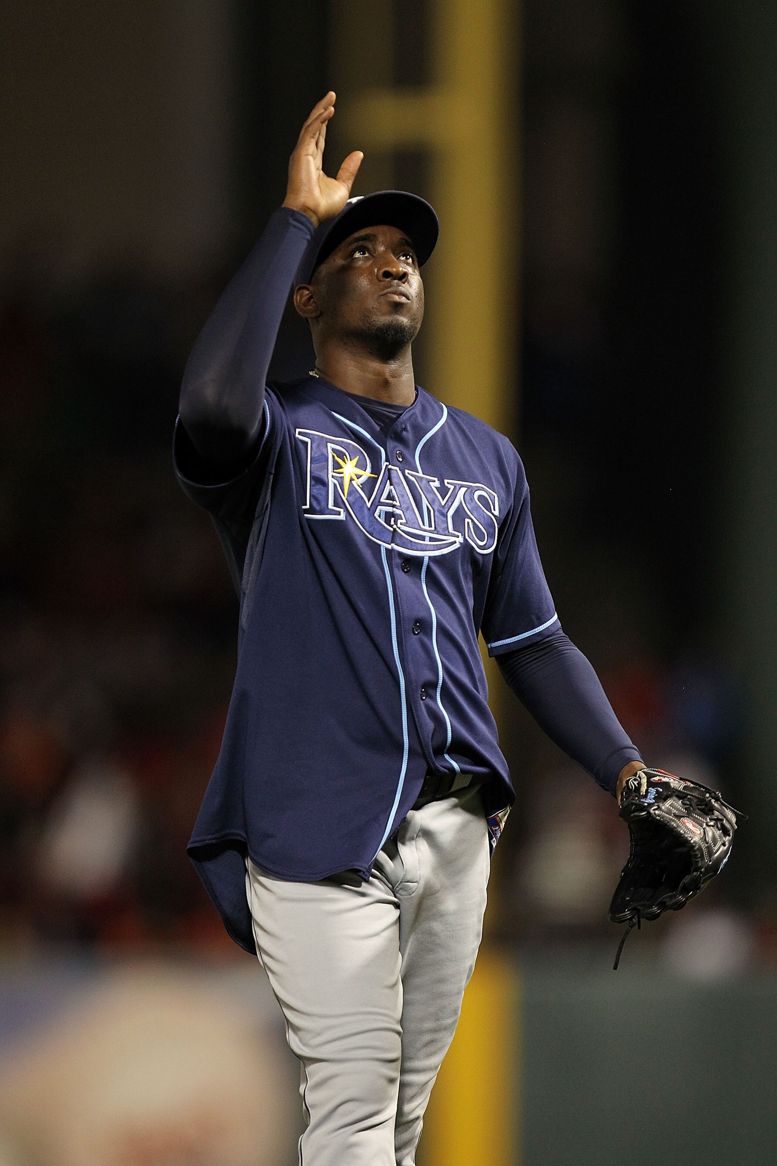 ARLINGTON, TX - OCTOBER 09:  Pitcher Rafael Soriano #29 of the Tampa Bay Rays reacts after a 6-3 win against the Texas Rangers during game 3 of the ALDS at Rangers Ballpark in Arlington on October 9, 2010 in Arlington, Texas.  (Photo by Ronald Martinez/Ge