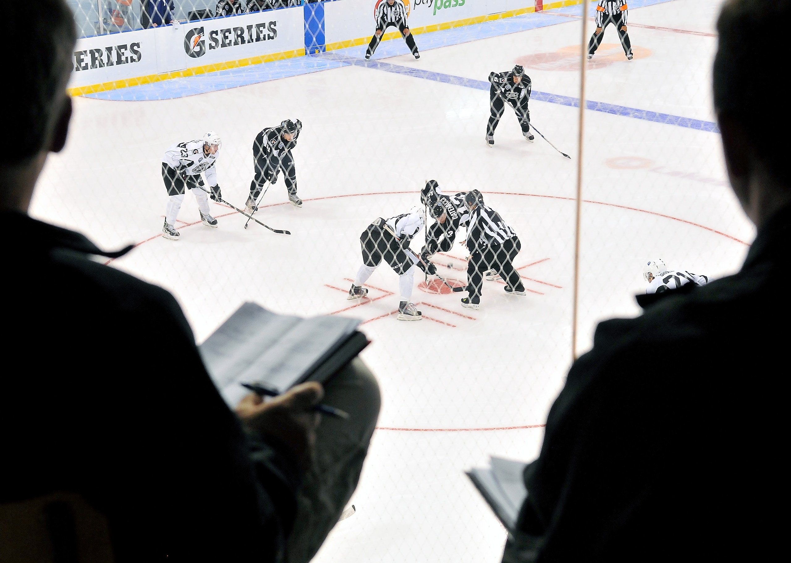 TORONTO, ON - AUGUST 18: NHL scouts watch an on-ice session where new faceoff locations were tested during the 2010 NHL Research, Development and Orientation Camp fueled by G Series on August 18, 2010 in Toronto, Canada.  (Photo by Matthew Manor/Getty Ima
