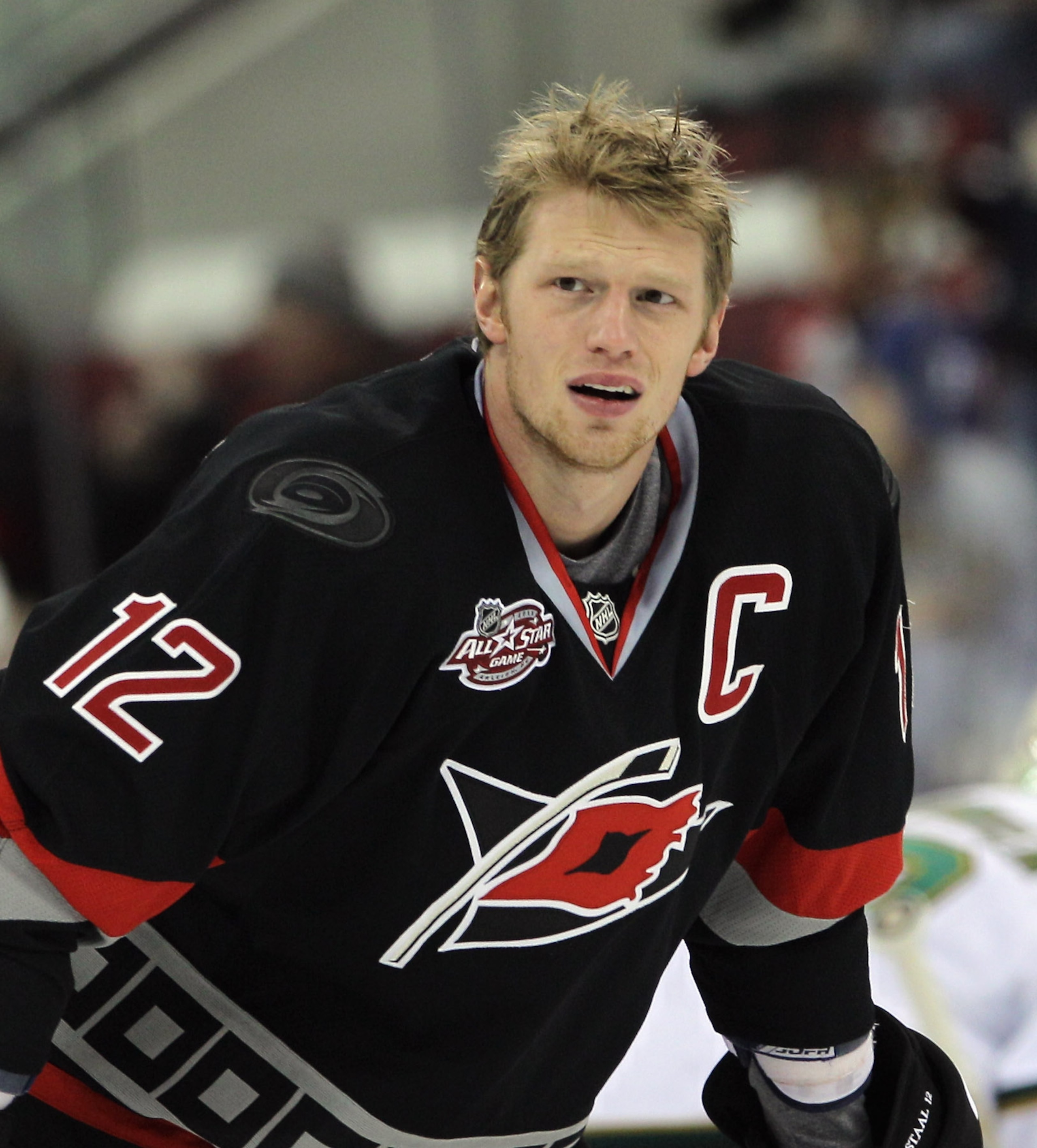 RALEIGH, NC - NOVEMBER 29:  Eric Staal #12 of the Carolina Hurricanes skates against the Dallas Stars at the RBC Center on November 29, 2010 in Raleigh, North Carolina. The Stars defeated the Hurricanes 4-1.  (Photo by Bruce Bennett/Getty Images)