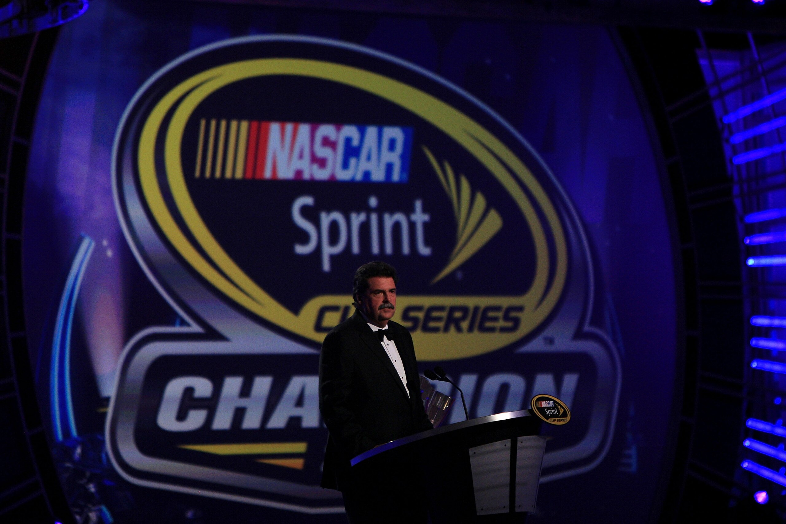 LAS VEGAS, NV - DECEMBER 03:  NASCAR President Mike Helton speaks during the NASCAR Sprint Cup Series awards banquet at the Wynn Las Vegas Hotel on December 3, 2010 in Las Vegas, Nevada.  (Photo by Chris Trotman/Getty Images)