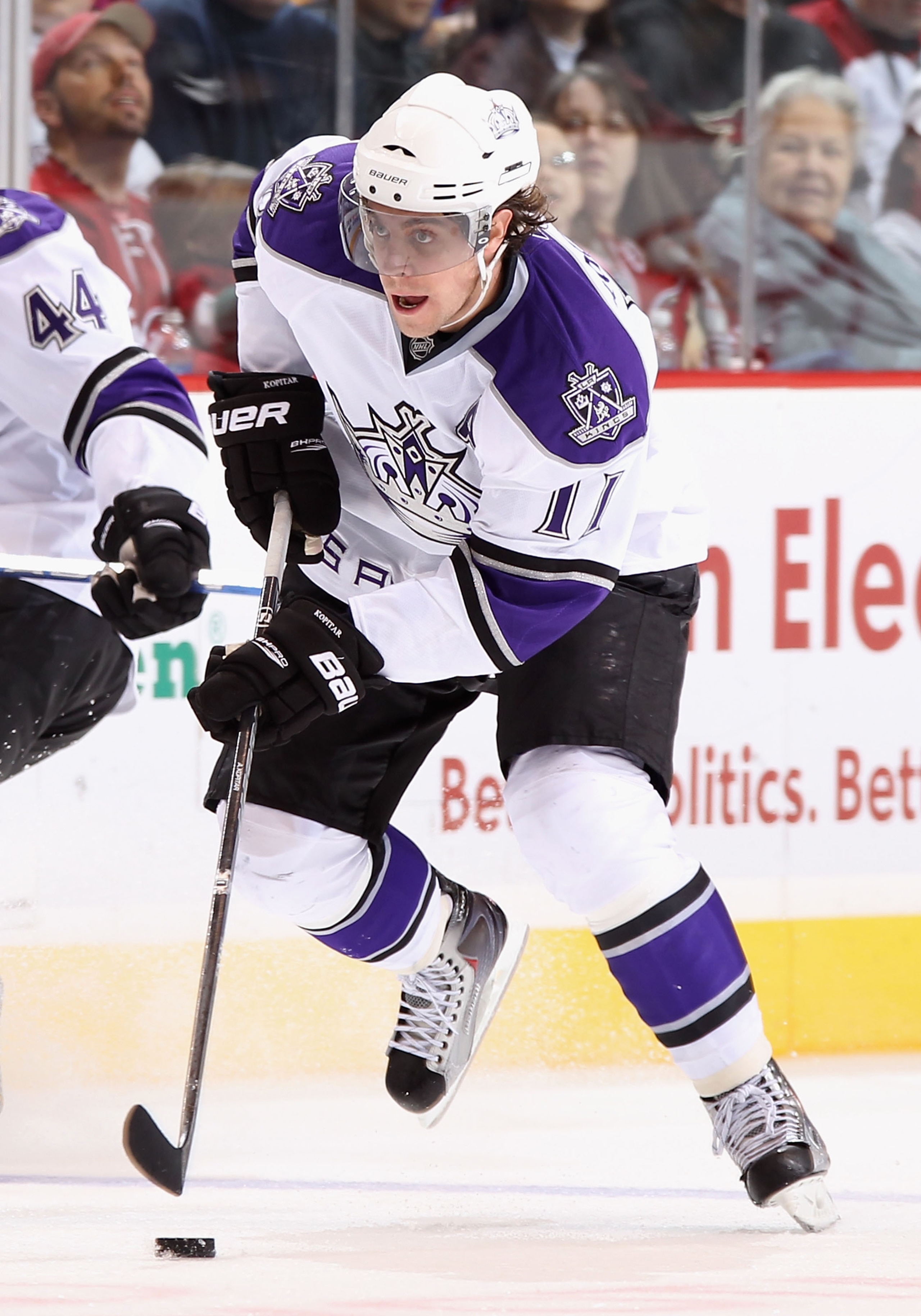 GLENDALE, AZ - DECEMBER 29:  Anze Kopitar #11 of the Los Angeles Kings skates with the puck during the NHL game against the Phoenix Coyotes at Jobing.com Arena on December 29, 2010 in Glendale, Arizona.  The Coyotes defeated the Kings 6-3.  (Photo by Chri