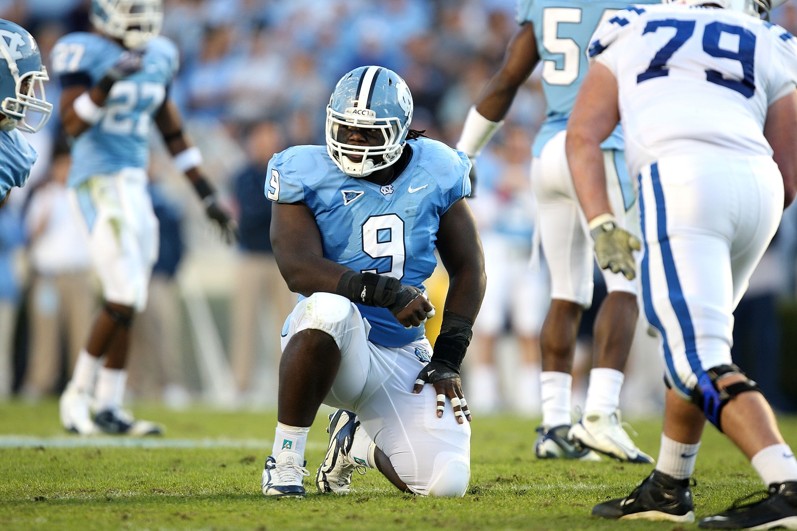 CHAPEL HILL, NC - NOVEMBER 07: Marvin Austin #9 of the North Carolina Tar Heels watches on against the Duke Blue Devils during their game at Kenan Stadium on November 7, 2009 in Chapel Hill, North Carolina. (Photo by Streeter Lecka/Getty Images) CHAPEL HILL, NC - NOVEMBER 07: Marvin Austin #9 of the North Carolina Tar Heels watches on against the Duke Blue Devils during their game at Kenan Stadium on November 7, 2009 in Chapel Hill, North Carolina. (Photo by Streeter Lecka/Getty Images)