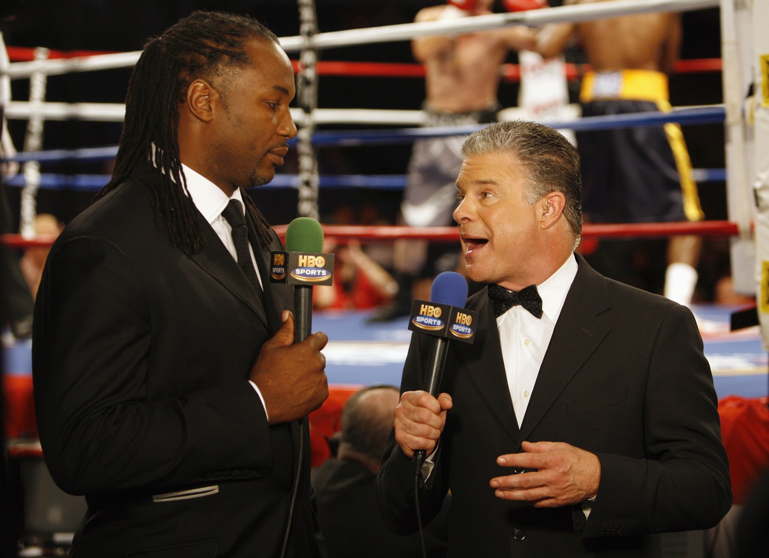 MEMPHIS, TN - MAY 19:  HBO Commentators, Lennox Lewis and Jim Lampley discuss the fight prior to the WBC Eliminator Middleweight fight at FedExForum on May 19, 2007 in Memphis, Tennessee. (Photo by Joe Murphy/Getty Images
