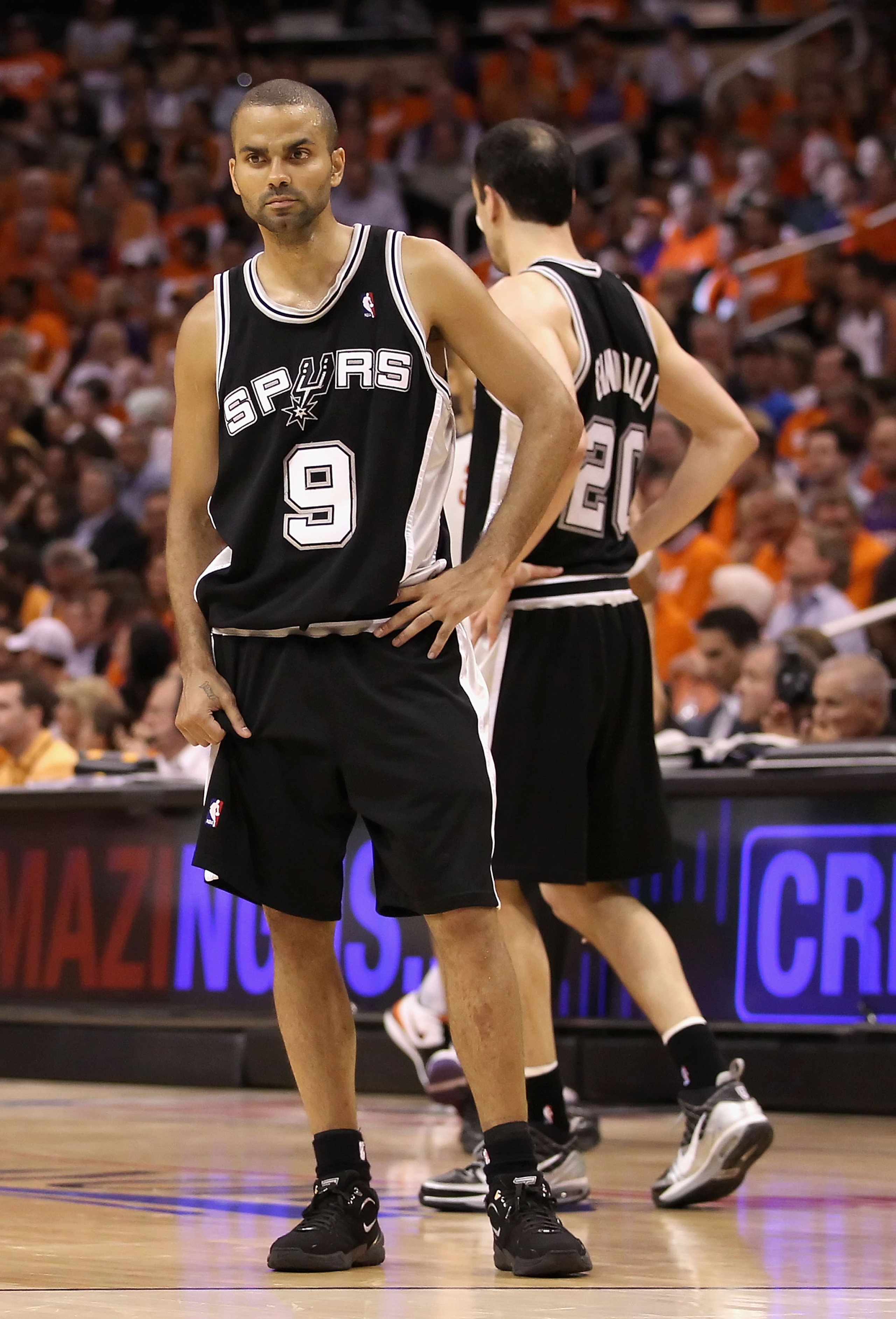 PHOENIX - MAY 03:  Tony Parker #9 of the San Antonio Spurs reacts after a missed three point attempt during Game One of the Western Conference Semifinals of the 2010 NBA Playoffs against the Phoenix Suns at US Airways Center on May 3, 2010 in Phoenix, Ari