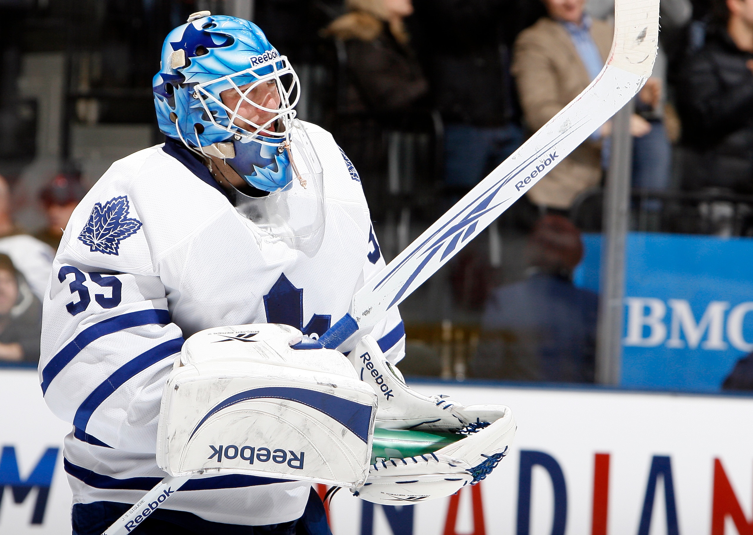 TORONTO, CANADA - JANUARY 20: Jean-Sebastien Giguere #35 of the Toronto Maple Leafs celebrates the win against the Anaheim Ducks during game action at the Air Canada Centre January 20, 2011 in Toronto, Ontario, Canada. (Photo by Abelimages/Getty Images)