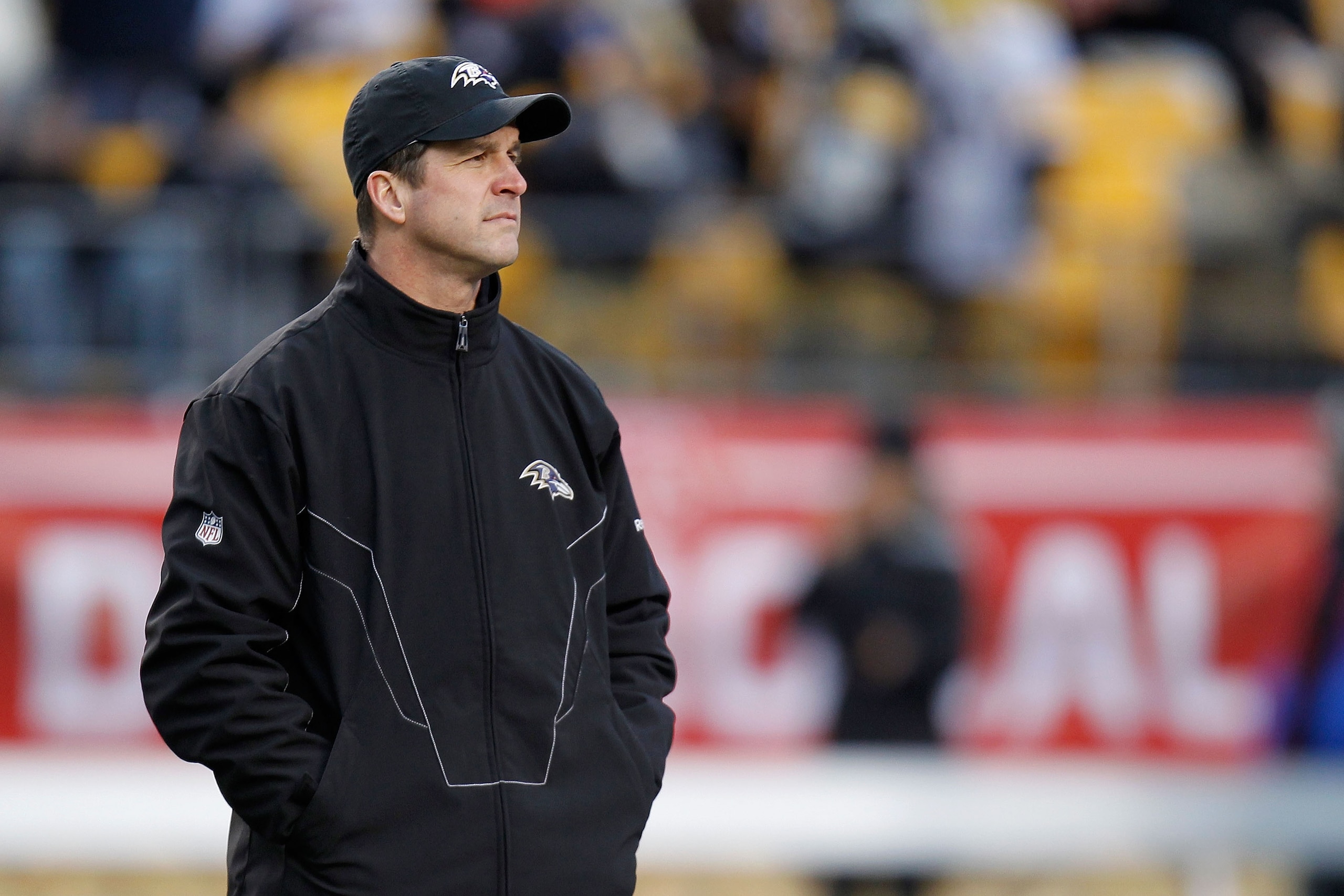 PITTSBURGH, PA - JANUARY 15:  Head coach John Harbaugh of the Baltimore Ravens looks on prior to playing the Pittsburgh Steelers in the AFC Divisional Playoff Game at Heinz Field on January 15, 2011 in Pittsburgh, Pennsylvania.  (Photo by Gregory Shamus/G