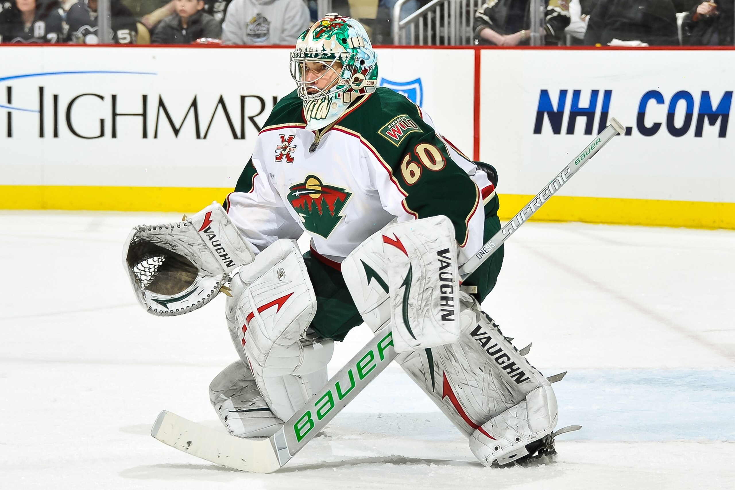 PITTSBURGH, PA - JANUARY 08:  Goaltender Jose Theodore #60 of the Minnesota Wild guards the net against the Pittsburgh Penguins on January 8, 2011 at CONSOL Energy Center in Pittsburgh, Pennsylvania.  (Photo by Jamie Sabau/Getty Images)