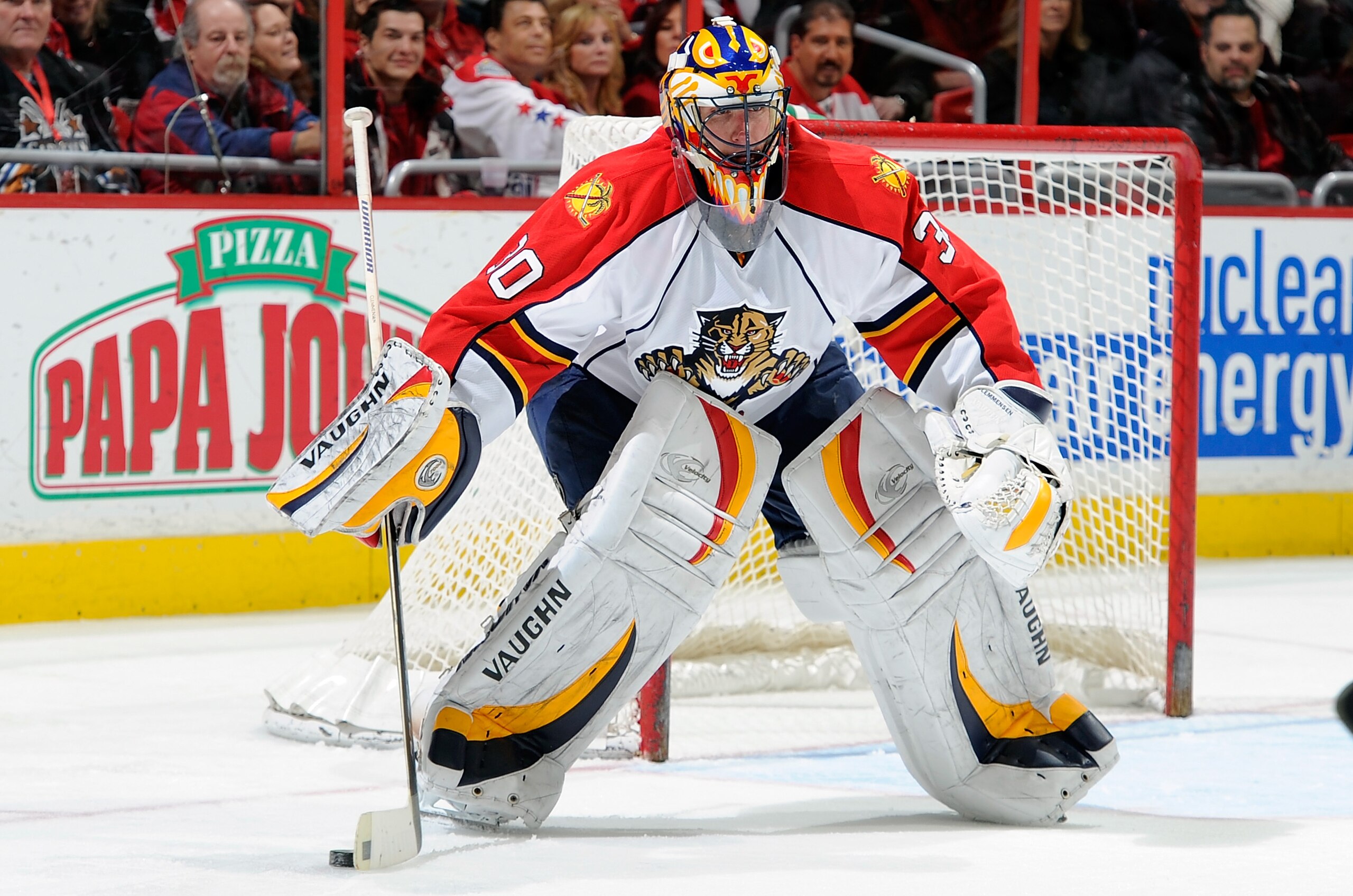 WASHINGTON - JANUARY 08:  Scott Clemmensen #30 of the Florida Panthers sweeps away the puck during the game against the Washington Capitals at the Verizon Center on January 8, 2011 in Washington, DC.  (Photo by Greg Fiume/Getty Images)