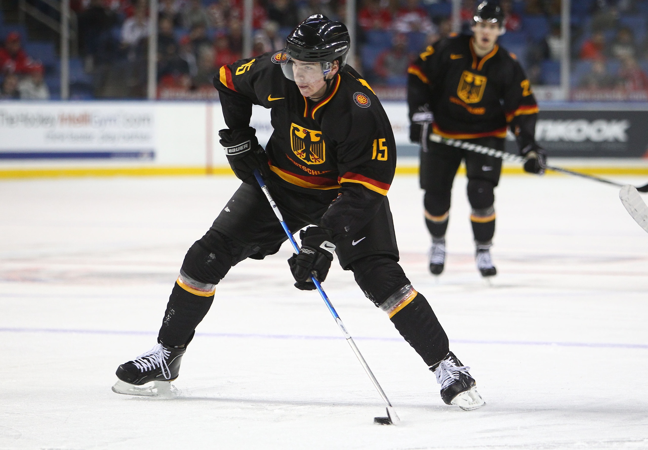 BUFFALO, NY - DECEMBER 26: Marcel Noebels #15 of Germany carries the puck during the 2011 IIHF World U20 Championship Group A game between Germany and Switzerland on December 26, 2010 at HSBC Arena in Buffalo, New York. (Photo by Tom Szczerbowski/Getty I BUFFALO, NY - DECEMBER 26: Marcel Noebels #15 of Germany carries the puck during the 2011 IIHF World U20 Championship Group A game between Germany and Switzerland on December 26, 2010 at HSBC Arena in Buffalo, New York. (Photo by Tom Szczerbowski/Getty I