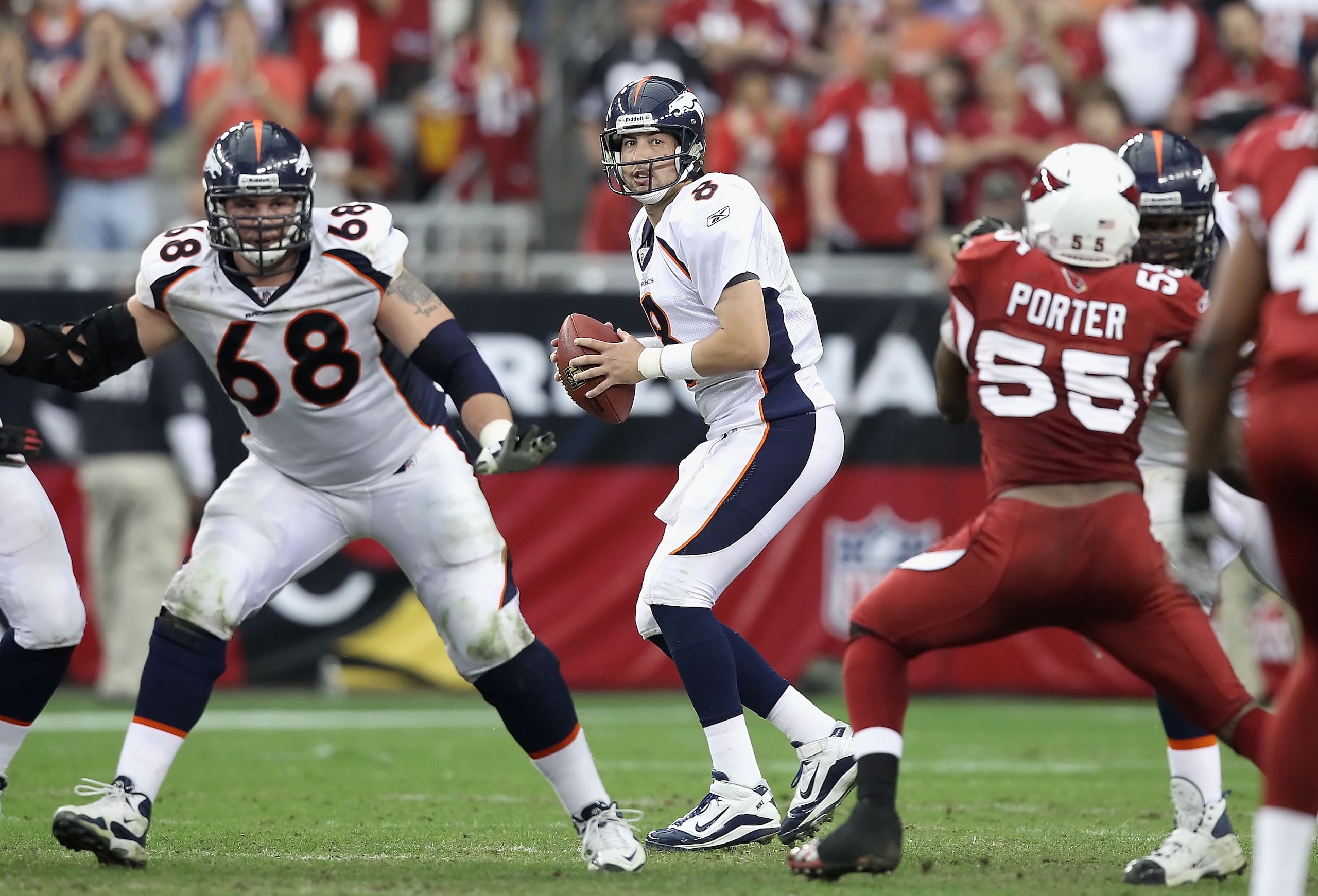 GLENDALE, AZ - DECEMBER 12: Quarterback Kyle Orton #8 of the Denver Broncos drops back to pass during the NFL game against the Arizona Cardinals at the University of Phoenix Stadium on December 12, 2010 in Glendale, Arizona. The Cardinals defeated the B GLENDALE, AZ - DECEMBER 12: Quarterback Kyle Orton #8 of the Denver Broncos drops back to pass during the NFL game against the Arizona Cardinals at the University of Phoenix Stadium on December 12, 2010 in Glendale, Arizona. The Cardinals defeated the B