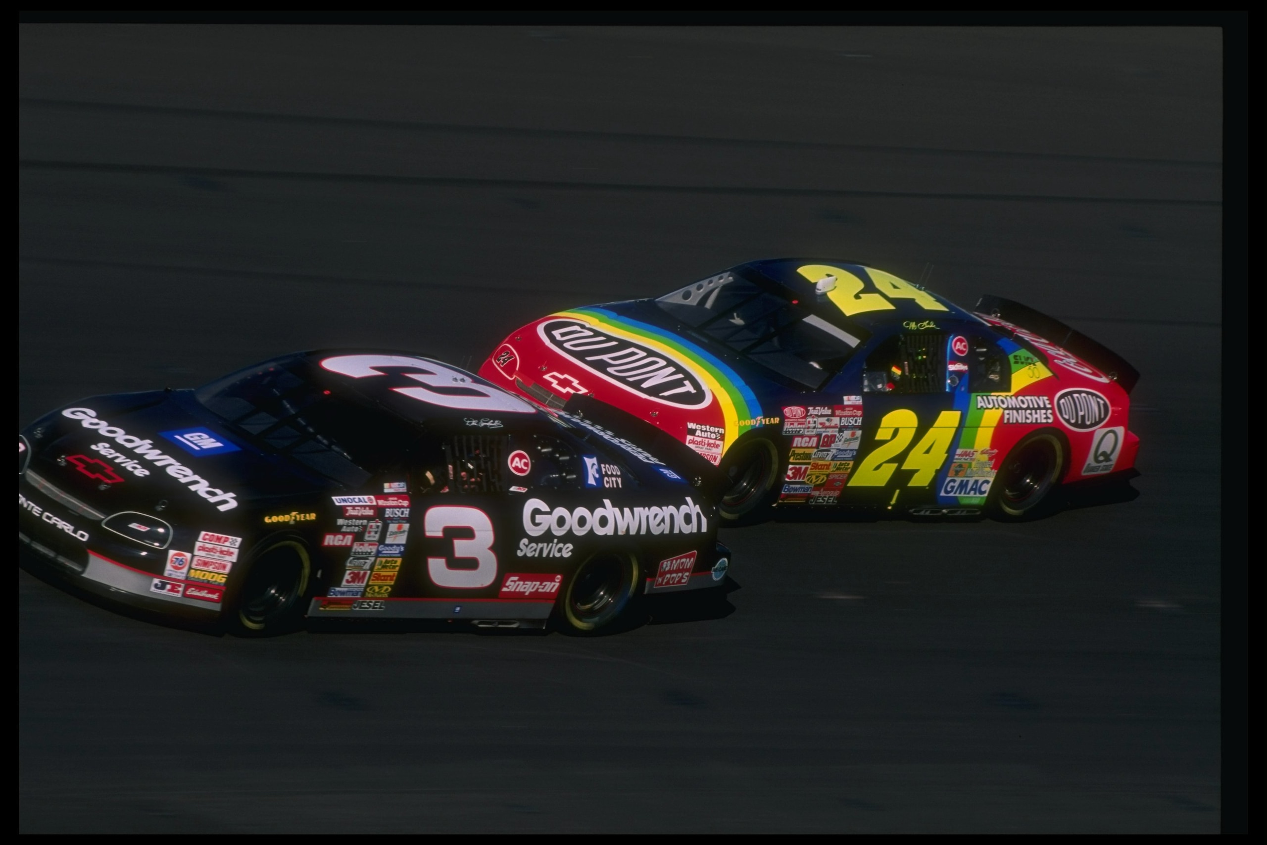 10 Nov 1996:  Dale Earnhardt (left) and Jeff Gordon compete during the NASCAR NAPA 500 at the Atlanta Motor Speedway in Hampton, Georgia. Mandatory Credit: David Taylor  /Allsport