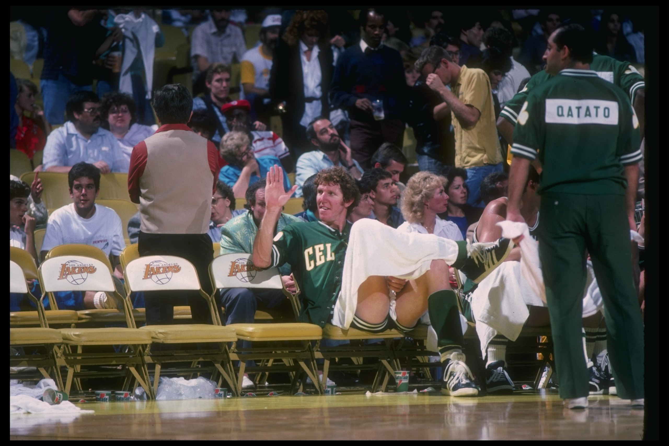 Undated:  Bill Walton of the Boston Celtics looks on during a game versus the Los Angeles Lakers at the Forum in Inglewood, California. Mandatory Credit: Rick Stewart  /Allsport