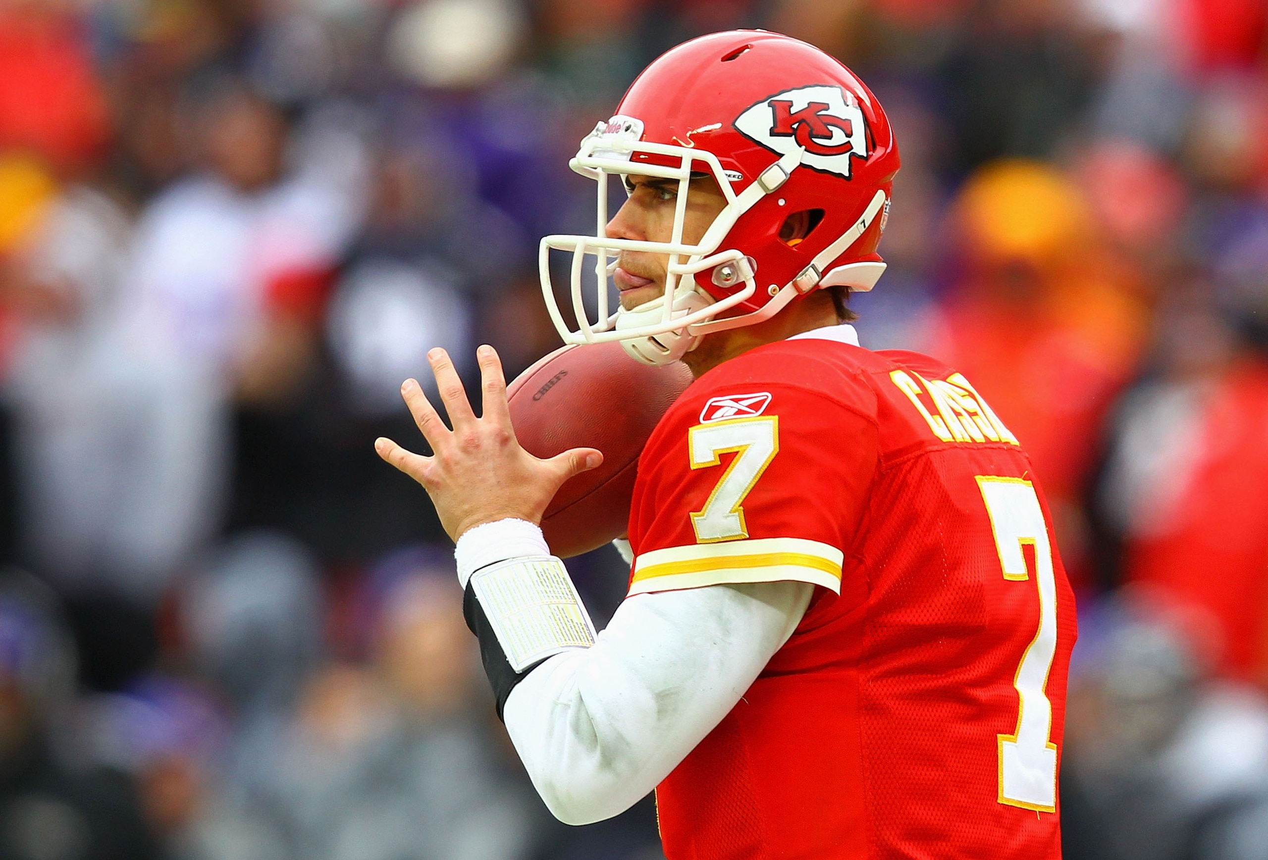 KANSAS CITY, MO - JANUARY 09: Quarterback Matt Cassel #7 of the Kansas City Chiefs looks to pass against the Baltimore Ravens in their 2011 AFC wild card playoff game at Arrowhead Stadium on January 9, 2011 in Kansas City, Missouri. (Photo by Dilip Vish KANSAS CITY, MO - JANUARY 09: Quarterback Matt Cassel #7 of the Kansas City Chiefs looks to pass against the Baltimore Ravens in their 2011 AFC wild card playoff game at Arrowhead Stadium on January 9, 2011 in Kansas City, Missouri. (Photo by Dilip Vish