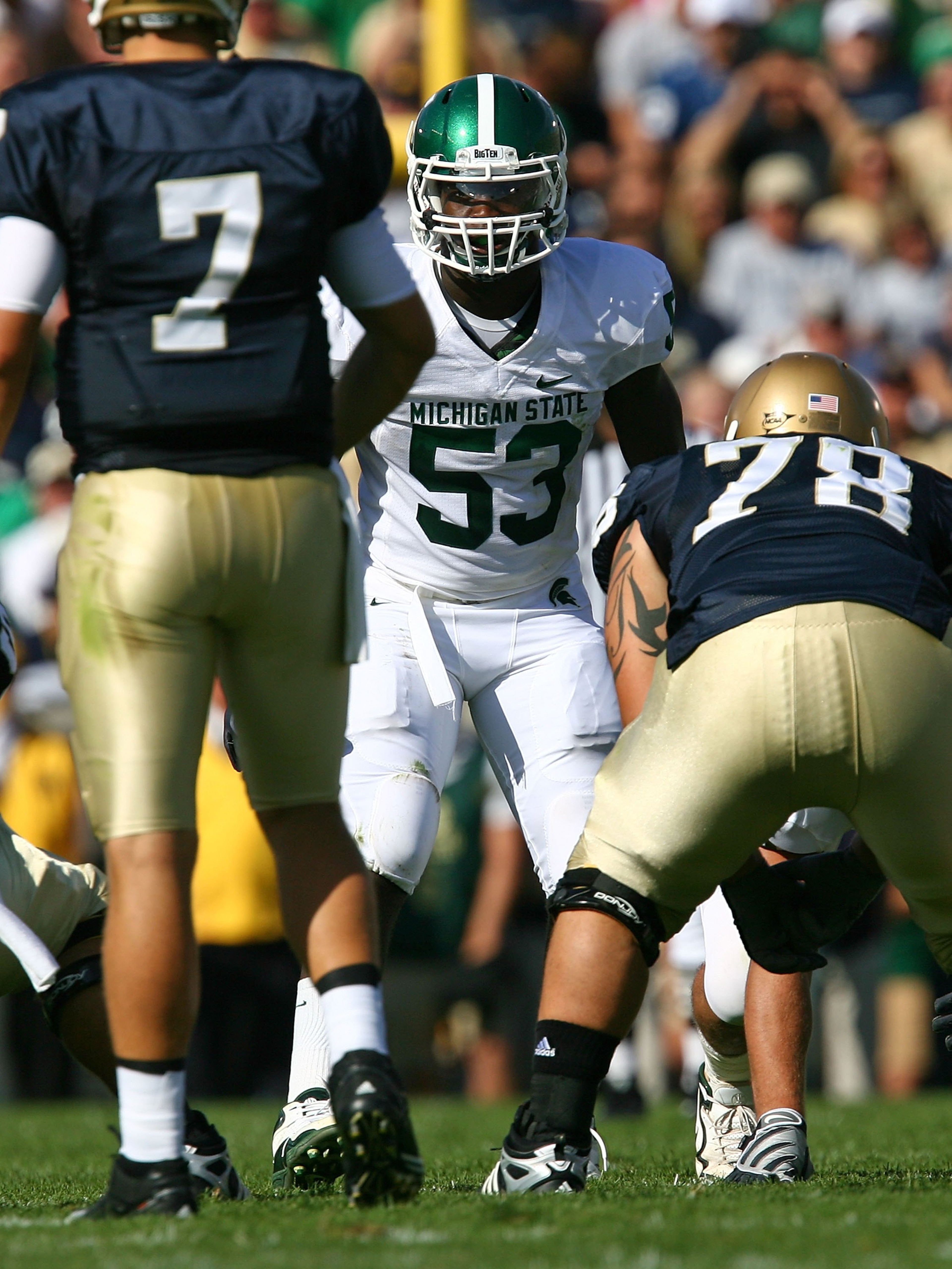 SOUTH BEND, IN - SEPTEMBER 19: Greg Jones #53 of the Michigan State Spartans awaits the start of play against the Notre Dame Fighting Irish on September 19, 2009 at Notre Dame Stadium in South Bend, Indiana. Notre Dame defeated Michigan State 33-30. (Pho SOUTH BEND, IN - SEPTEMBER 19: Greg Jones #53 of the Michigan State Spartans awaits the start of play against the Notre Dame Fighting Irish on September 19, 2009 at Notre Dame Stadium in South Bend, Indiana. Notre Dame defeated Michigan State 33-30. (Pho