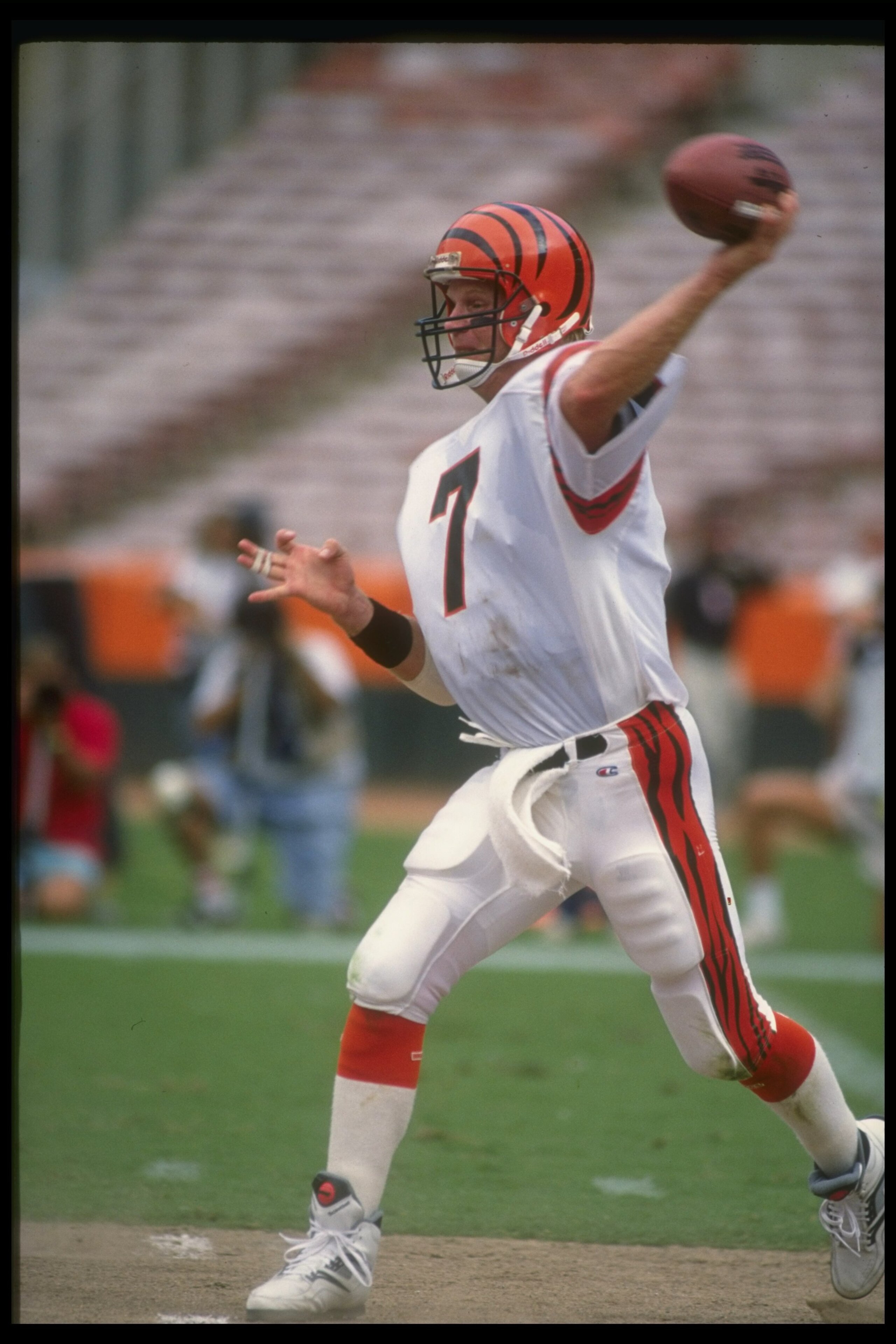 7 Oct 1990: Quarterback Boomer Esiason of the Cincinnati Bengals looks to pass the ball during a game against the Los Angeles Rams at Anaheim Stadium in Anaheim, California. The Bengals won the game, 34-31. 7 Oct 1990: Quarterback Boomer Esiason of the Cincinnati Bengals looks to pass the ball during a game against the Los Angeles Rams at Anaheim Stadium in Anaheim, California. The Bengals won the game, 34-31.