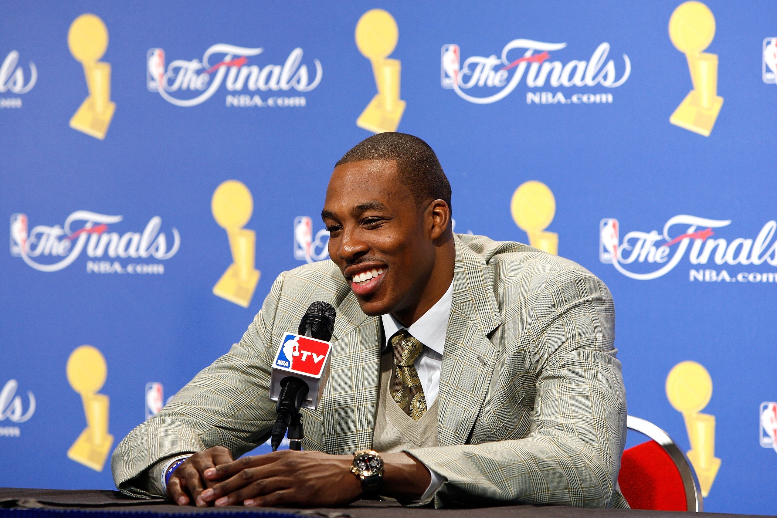 ORLANDO, FL - JUNE 14:  Dwight Howard #12 of the Orlando Magic speaks to the media after the Magic lost to the Los Angeles Lakers in Game Five of the 2009 NBA Finals on June 14, 2009 at Amway Arena in Orlando, Florida.  The Lakers won 99-86.  NOTE TO USER
