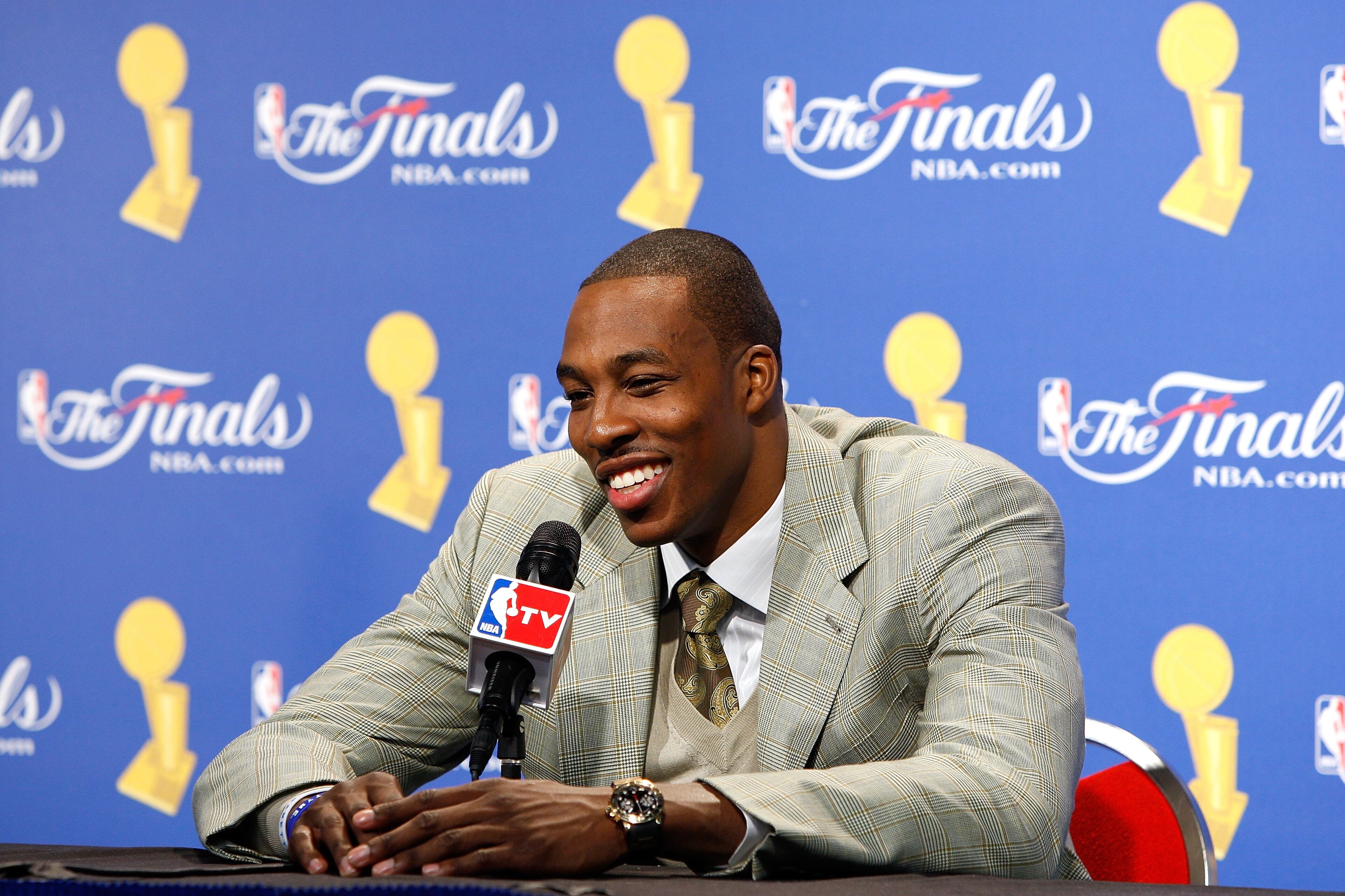 ORLANDO, FL - JUNE 14: Dwight Howard #12 of the Orlando Magic speaks to the media after the Magic lost to the Los Angeles Lakers in Game Five of the 2009 NBA Finals on June 14, 2009 at Amway Arena in Orlando, Florida. The Lakers won 99-86. NOTE TO USER ORLANDO, FL - JUNE 14: Dwight Howard #12 of the Orlando Magic speaks to the media after the Magic lost to the Los Angeles Lakers in Game Five of the 2009 NBA Finals on June 14, 2009 at Amway Arena in Orlando, Florida. The Lakers won 99-86. NOTE TO USER