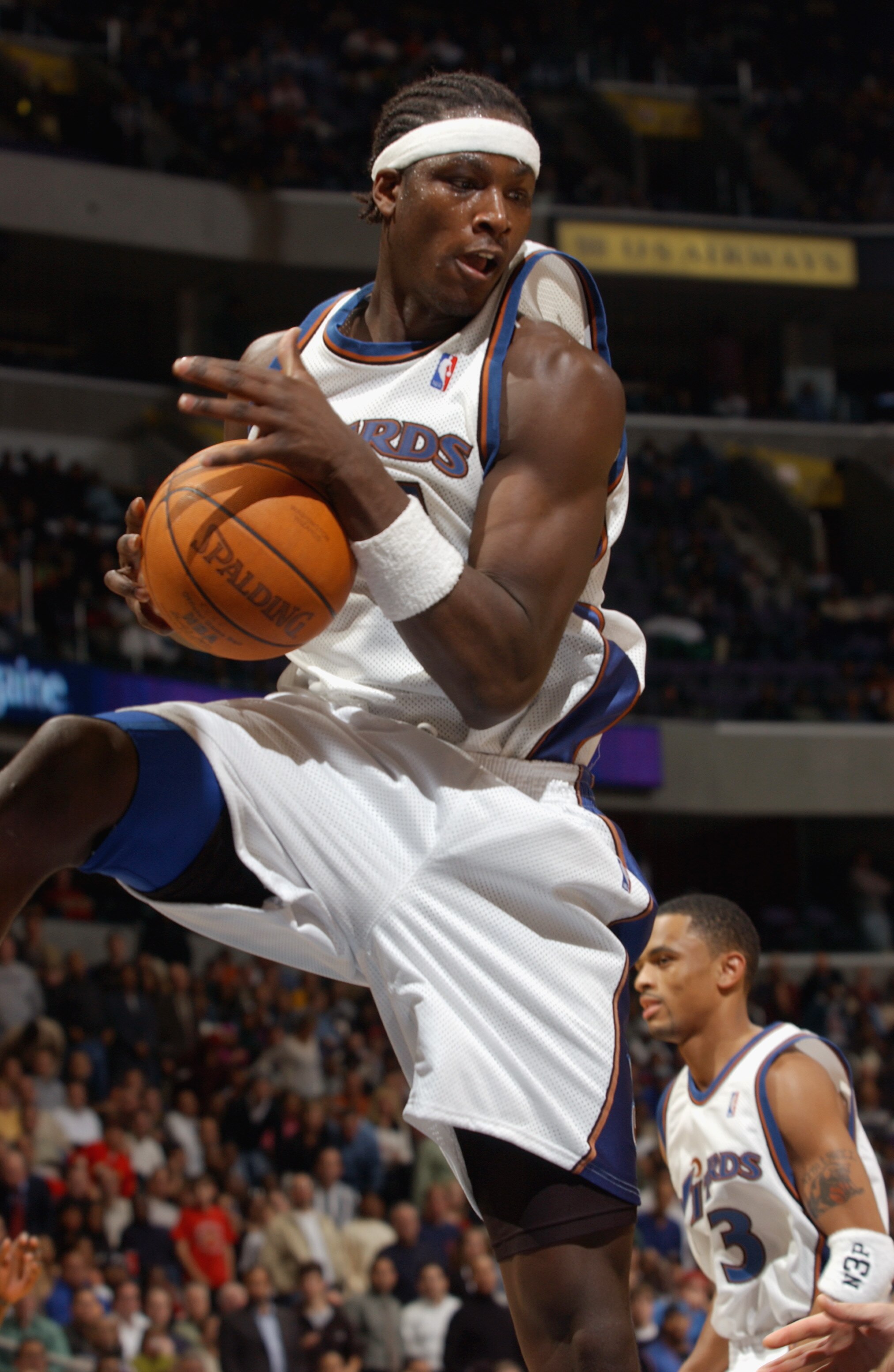 WASHINGTON - OCTOBER 31:  Kwame Brown #5 of the Washington Wizards comes down with a rebound during the game against the Boston Celtics at MCI Center on October 31, 2002 in Washington, D.C.  The Wizards won 114-69.  NOTE TO USER: User expressly acknowledg
