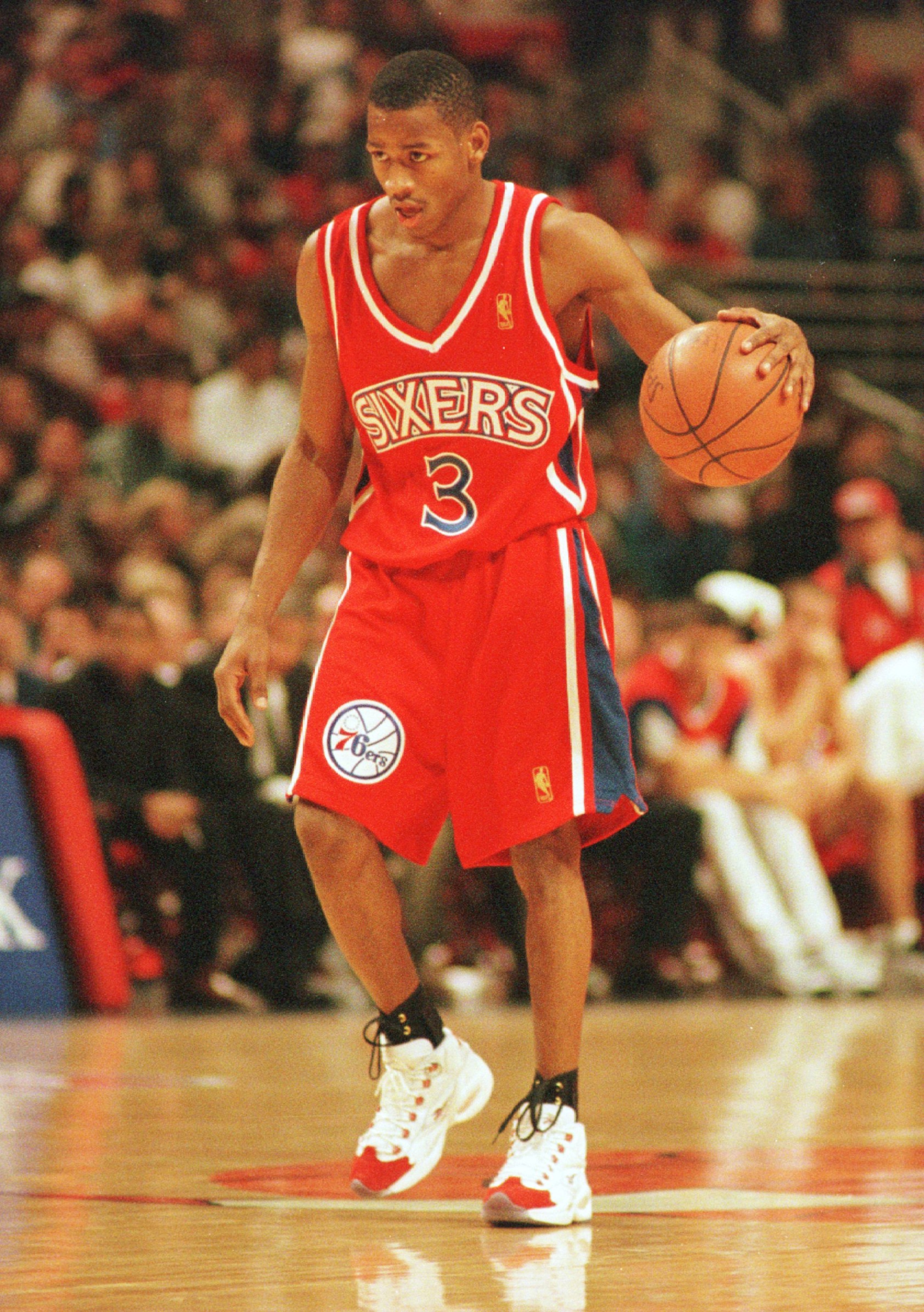 2 Nov 1996: Allen Iverson of the Philadelphia 76ers moves the ball up the court during a 115-86 loss to the Chicago Bulls at the United Center in Chicago, Illinois. Mandatory Credit: Jonathan Daniel/Allsport 2 Nov 1996: Allen Iverson of the Philadelphia 76ers moves the ball up the court during a 115-86 loss to the Chicago Bulls at the United Center in Chicago, Illinois. Mandatory Credit: Jonathan Daniel/Allsport