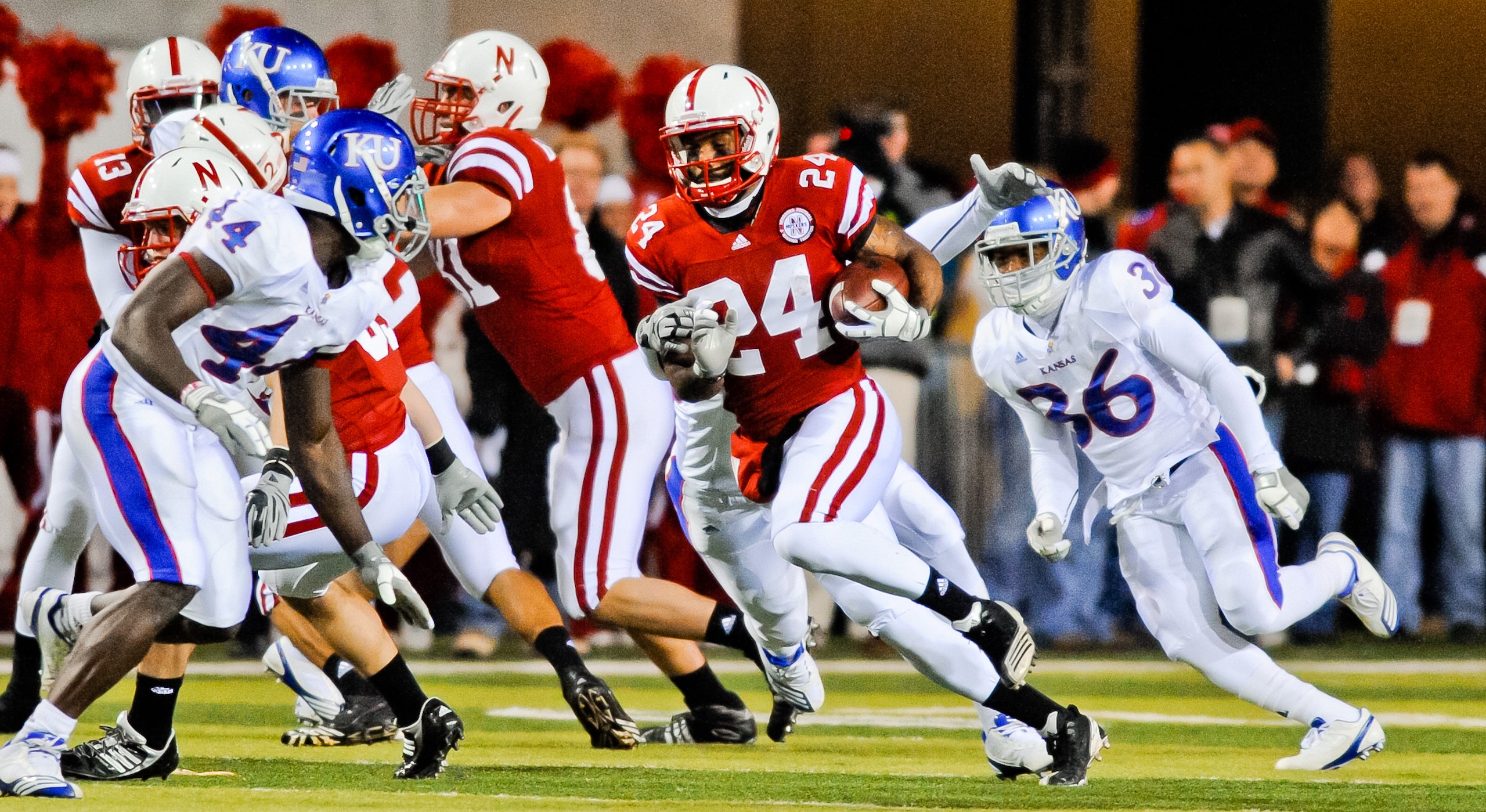 LINCOLN, NE - NOVEMBER 13: Niles Paul #24 of the Nebraska Cornhuskers runs after a catch aganst the Kansas Jayhawks during their game at Memorial Stadium on November 13, 2010 in Lincoln, Nebraska. Nebraska Defeated Kansas 20-3. (Photo by Eric Francis/Gett