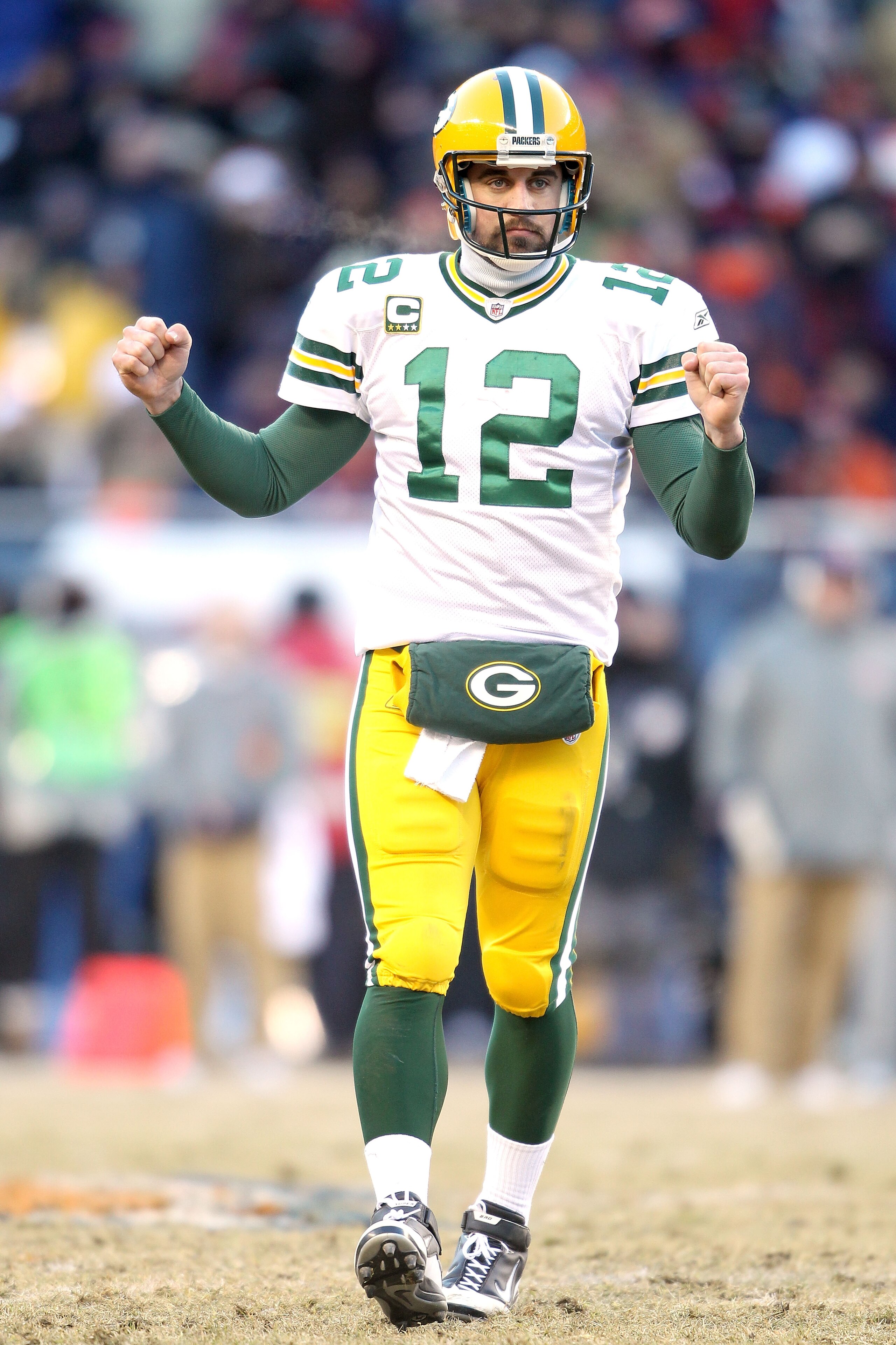 CHICAGO, IL - JANUARY 23:  Quarterback Aaron Rodgers #12 of the Green Bay Packers reacts in the third quarter against the Chicago Bears in the NFC Championship Game at Soldier Field on January 23, 2011 in Chicago, Illinois.  (Photo by Andy Lyons/Getty Ima