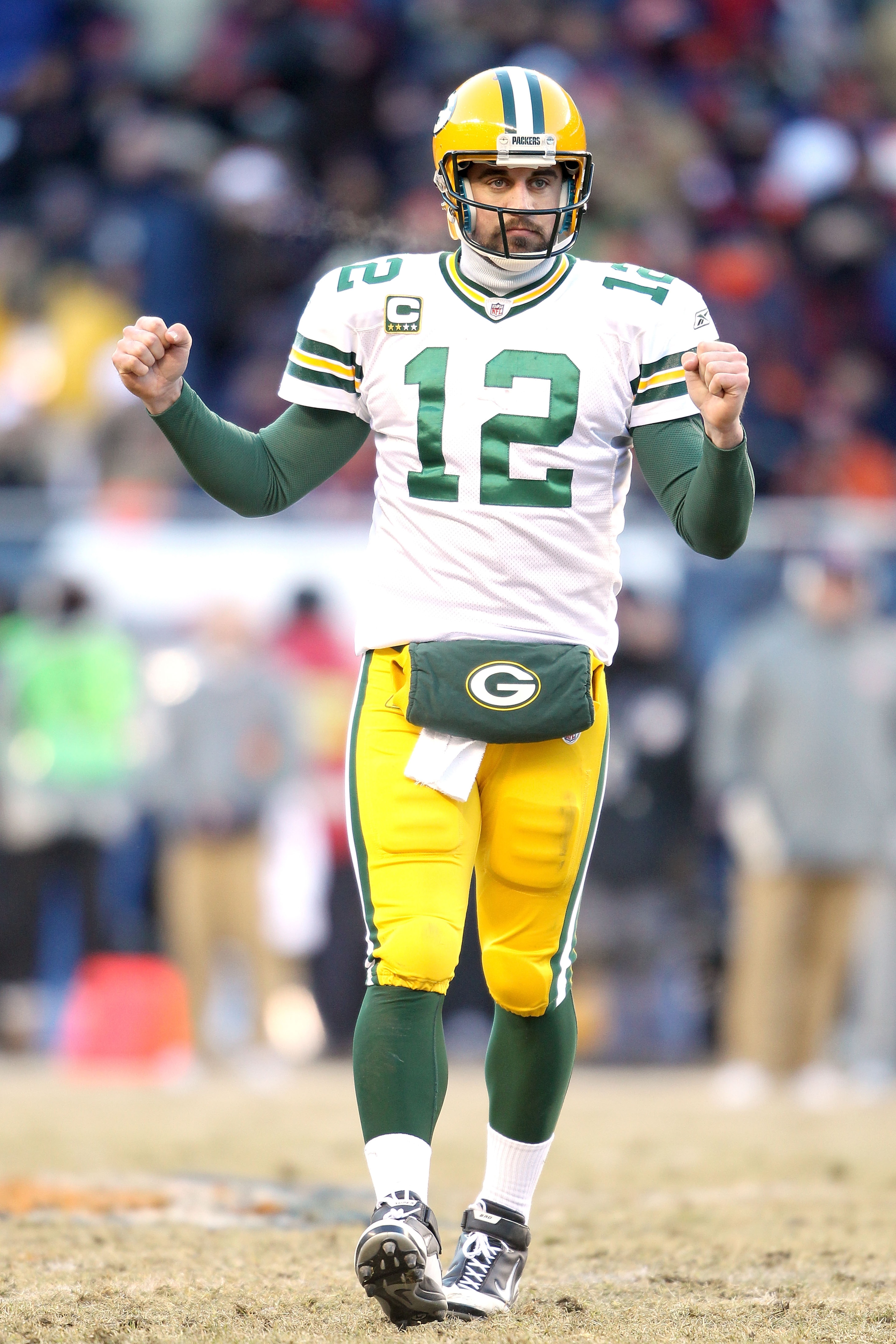 CHICAGO, IL - JANUARY 23:  Quarterback Aaron Rodgers #12 of the Green Bay Packers reacts in the third quarter against the Chicago Bears in the NFC Championship Game at Soldier Field on January 23, 2011 in Chicago, Illinois.  (Photo by Andy Lyons/Getty Ima
