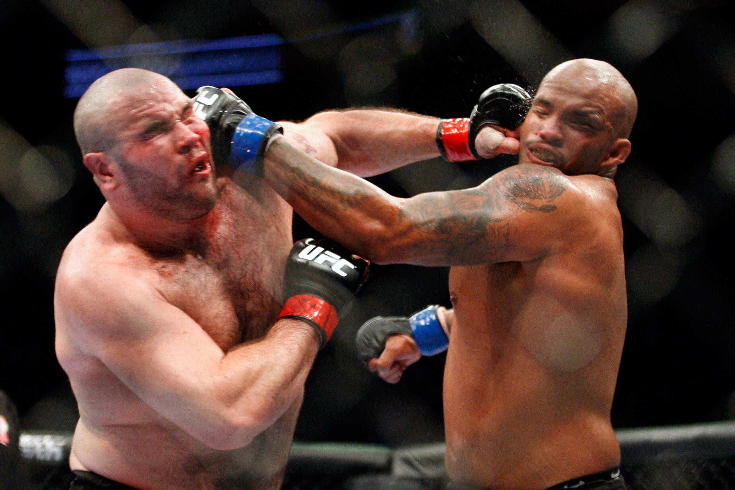 MONTREAL- MAY 8: Joey Beltran and Tim Hague exchange blows in their heavyweight bout at UFC 113 at Bell Centre on May 8, 2010 in Montreal, Quebec, Canada.  (Photo by Richard Wolowicz/Getty Images)