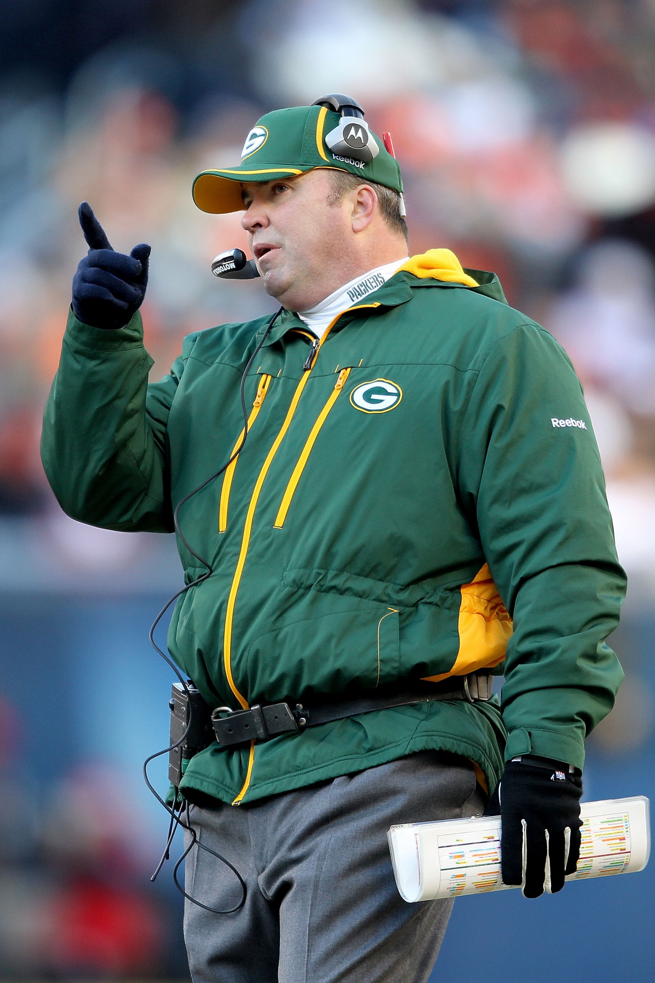 CHICAGO, IL - JANUARY 23:  Head coach Mike McCarthy of the Green Bay Packers points from the sideline in the second quarter against the Chicago Bears in the NFC Championship Game at Soldier Field on January 23, 2011 in Chicago, Illinois.  (Photo by Andy L