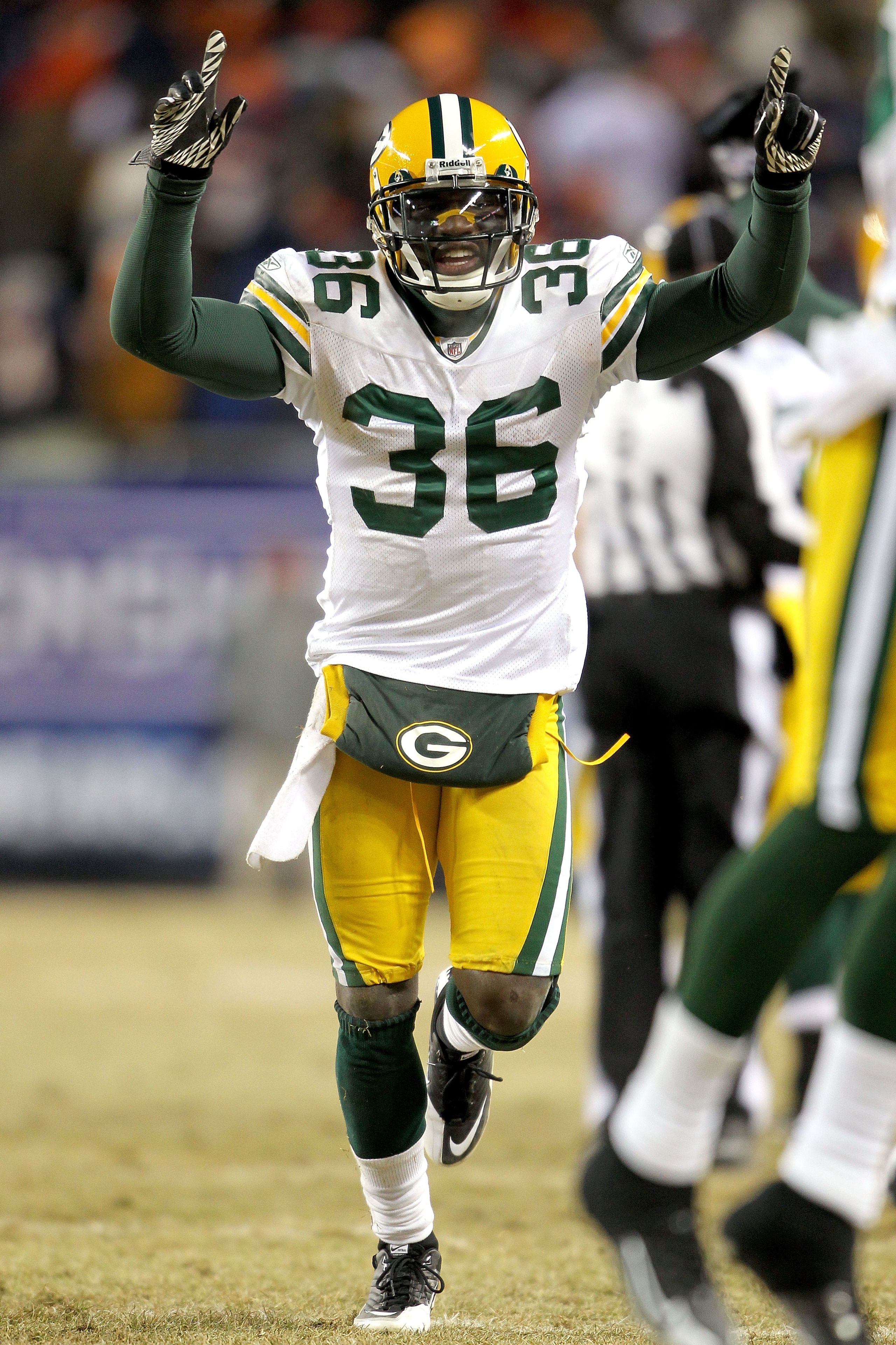 CHICAGO, IL - JANUARY 23:  Nick Collins #36 of the Green Bay Packers celebrates after Sam Shields #37 seals the win with a fourth quarter interception against the Chicago Bears in the NFC Championship Game at Soldier Field on January 23, 2011 in Chicago,